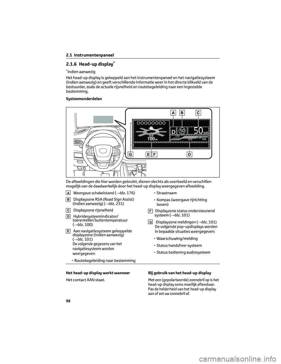 TOYOTA HIGHLANDER 2023  Instructieboekje (in Dutch) 2.1.6 Head-up display*
*Indien aanwezig
Het head-up display is gekoppeld aan het instrumentenpaneel en het navigatiesysteem
(indien aanwezig) en geeft verschillende informatie weer in het directe blik