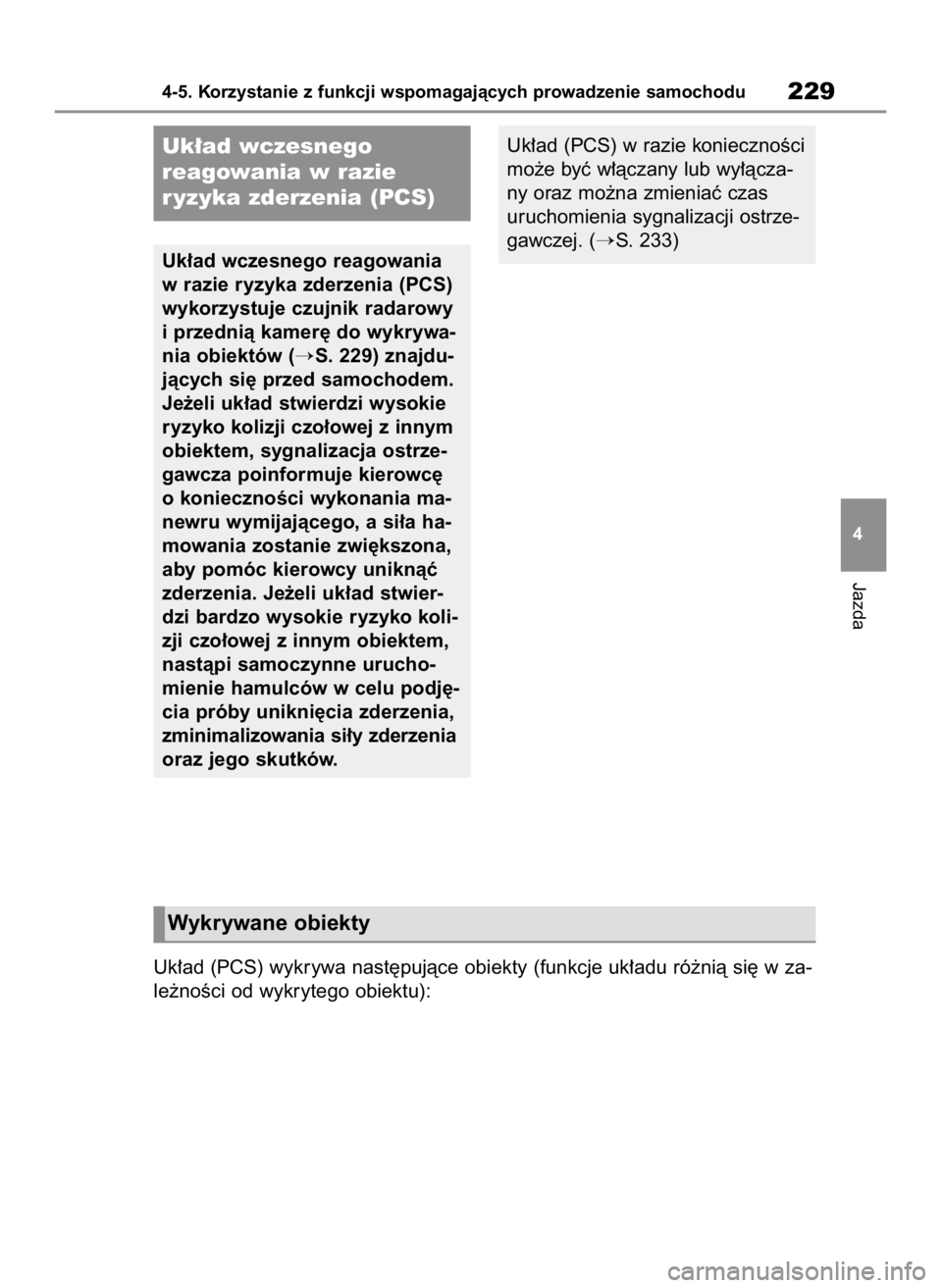 TOYOTA HIGHLANDER 2023  Instrukcja obsługi (in Polish) Jazda
4-5. Korzystanie z funkcji wspomagajàcych prowadzenie samochodu229
4
Uk∏ad wczesnego
reagowania w razie
r yzyka zderzenia (PCS)
Uk∏ad wczesnego reagowania
w razie ryzyka zderzenia (PCS)
wyk