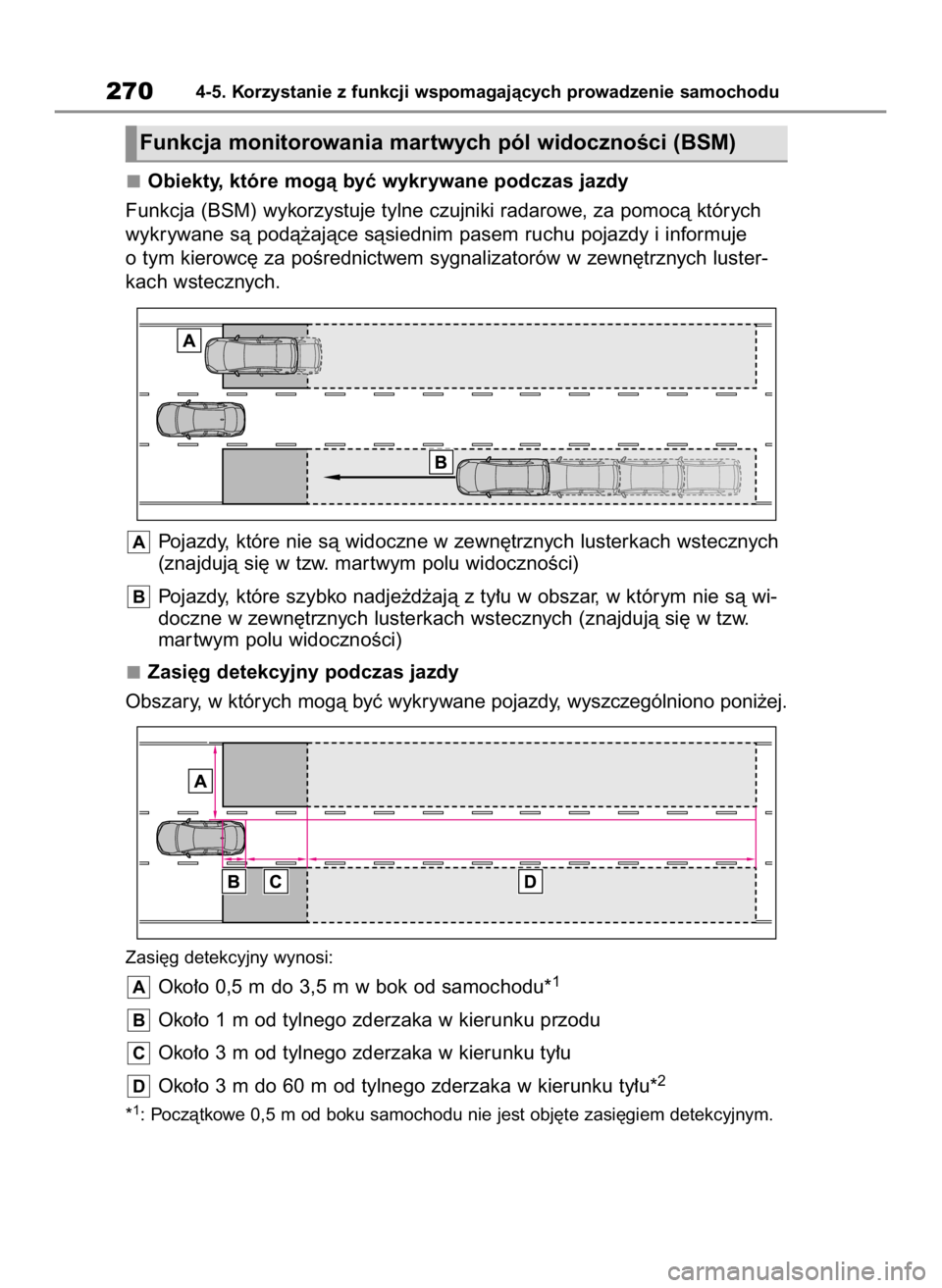 TOYOTA HIGHLANDER 2023  Instrukcja obsługi (in Polish) Obiekty, które mogà byç wykrywane podczas jazdy
Funkcja (BSM) wykorzystuje tylne czujniki radarowe, za pomocà których
wykrywane sà podà˝ajàce sàsiednim pasem ruchu pojazdy i informuje
o tym 