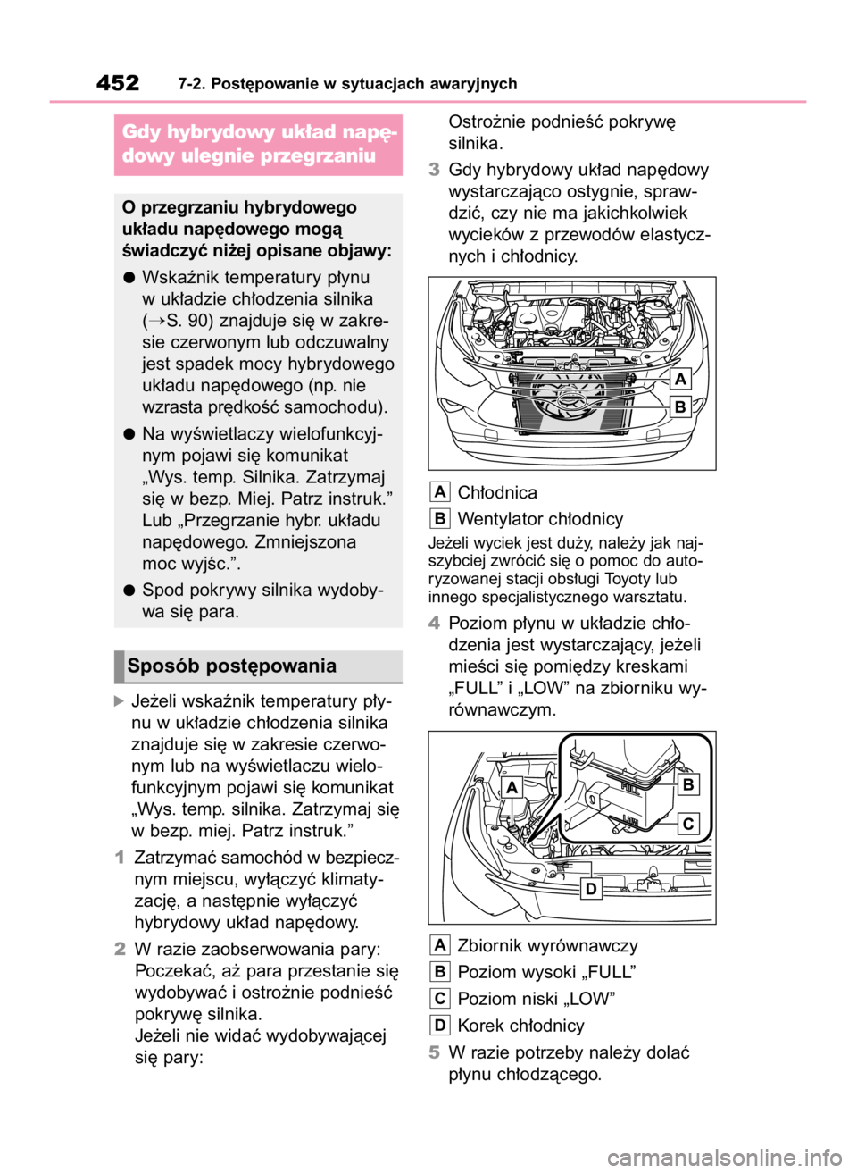 TOYOTA HIGHLANDER 2023  Instrukcja obsługi (in Polish) óJe˝eli wskaênik temperatury p∏y-
nu w uk∏adzie ch∏odzenia silnika
znajduje si´ w zakresie czerwo-
nym lub na wyÊwietlaczu wielo-
funkcyjnym pojawi si´ komunikat
„Wys. temp. silnika. Zat