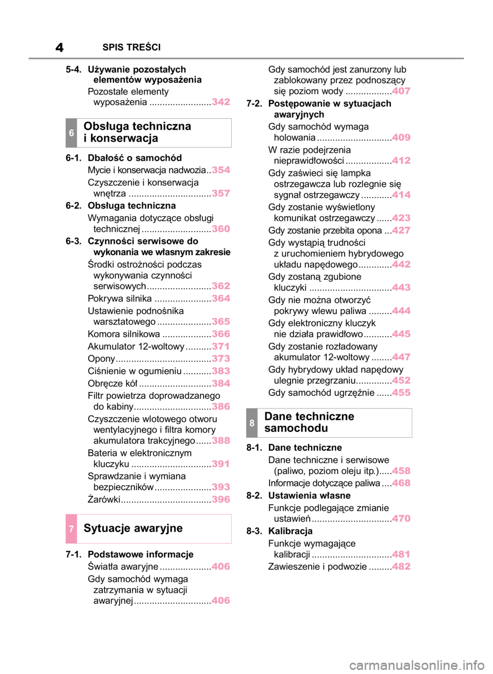 TOYOTA HIGHLANDER 2023  Instrukcja obsługi (in Polish) 5-4. U˝ywanie pozosta∏ych
elementów wyposa˝enia
Pozosta∏e elementy
wyposa˝enia ........................342
6-1. Dba∏oÊç o samochód
Mycie i konserwacja nadwozia ..354
Czyszczenie i konserw