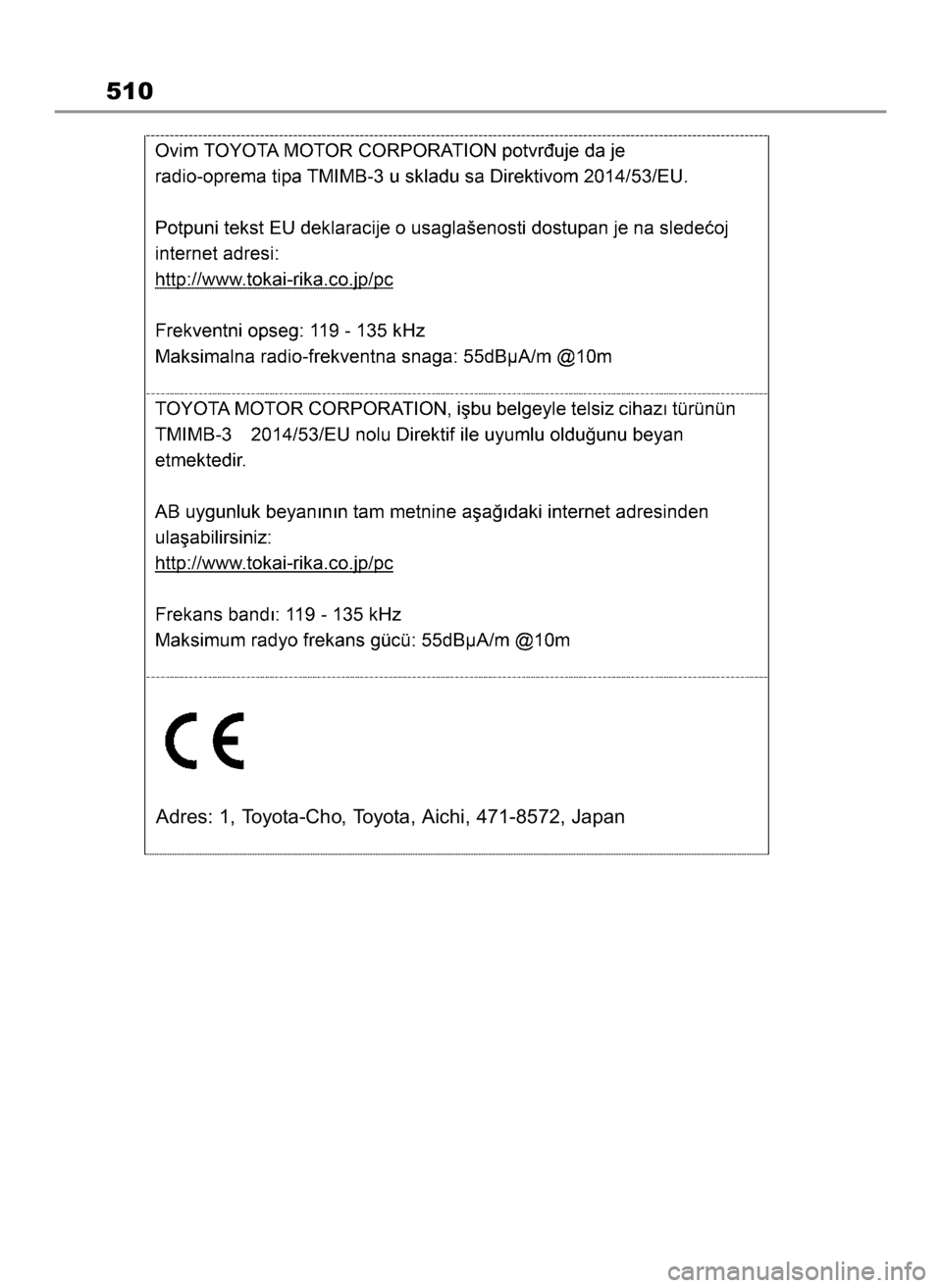TOYOTA HIGHLANDER 2023 Instrukcja obsługi (in Polish) 510
Adres: 1, Toyota-Cho, Toyota, Aichi, 471-8572, Japan
2 Highlander HV OM48G81E 2/2/23 1:24 PM Page 510 TOYOTA HIGHLANDER 2023 Instrukcja obsługi (in Polish) 510
Adres: 1, Toyota-Cho, Toyota, Aichi, 471-8572, Japan
2 Highlander HV OM48G81E 2/2/23 1:24 PM Page 510
