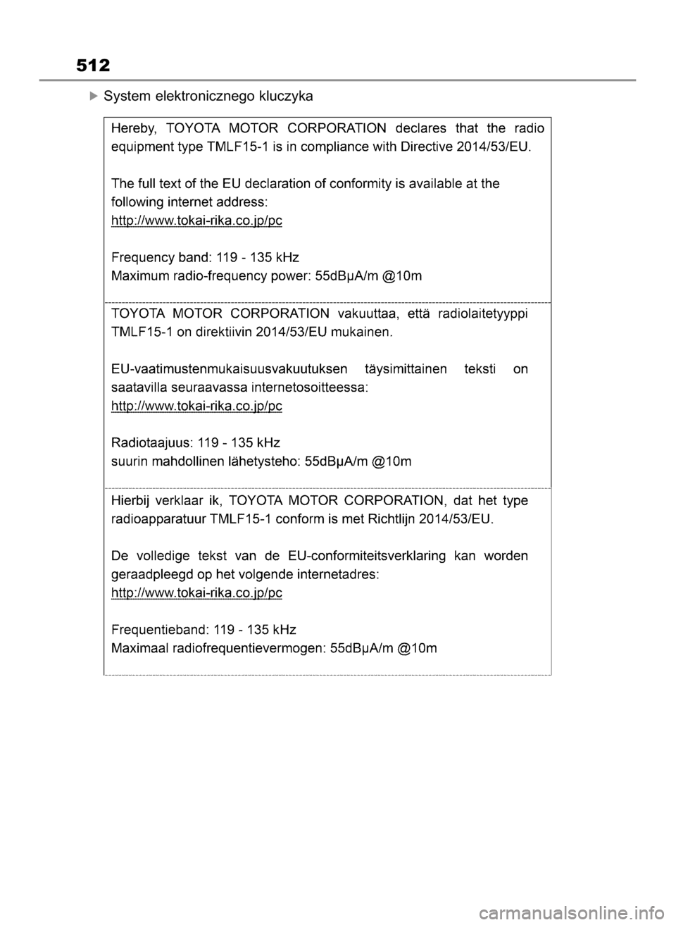 TOYOTA HIGHLANDER 2023 Instrukcja obsługi (in Polish) óSystem elektronicznego kluczyka
512
2 Highlander HV OM48G81E 2/2/23 1:24 PM Page 512 TOYOTA HIGHLANDER 2023 Instrukcja obsługi (in Polish) óSystem elektronicznego kluczyka
512
2 Highlander HV OM48G81E 2/2/23 1:24 PM Page 512