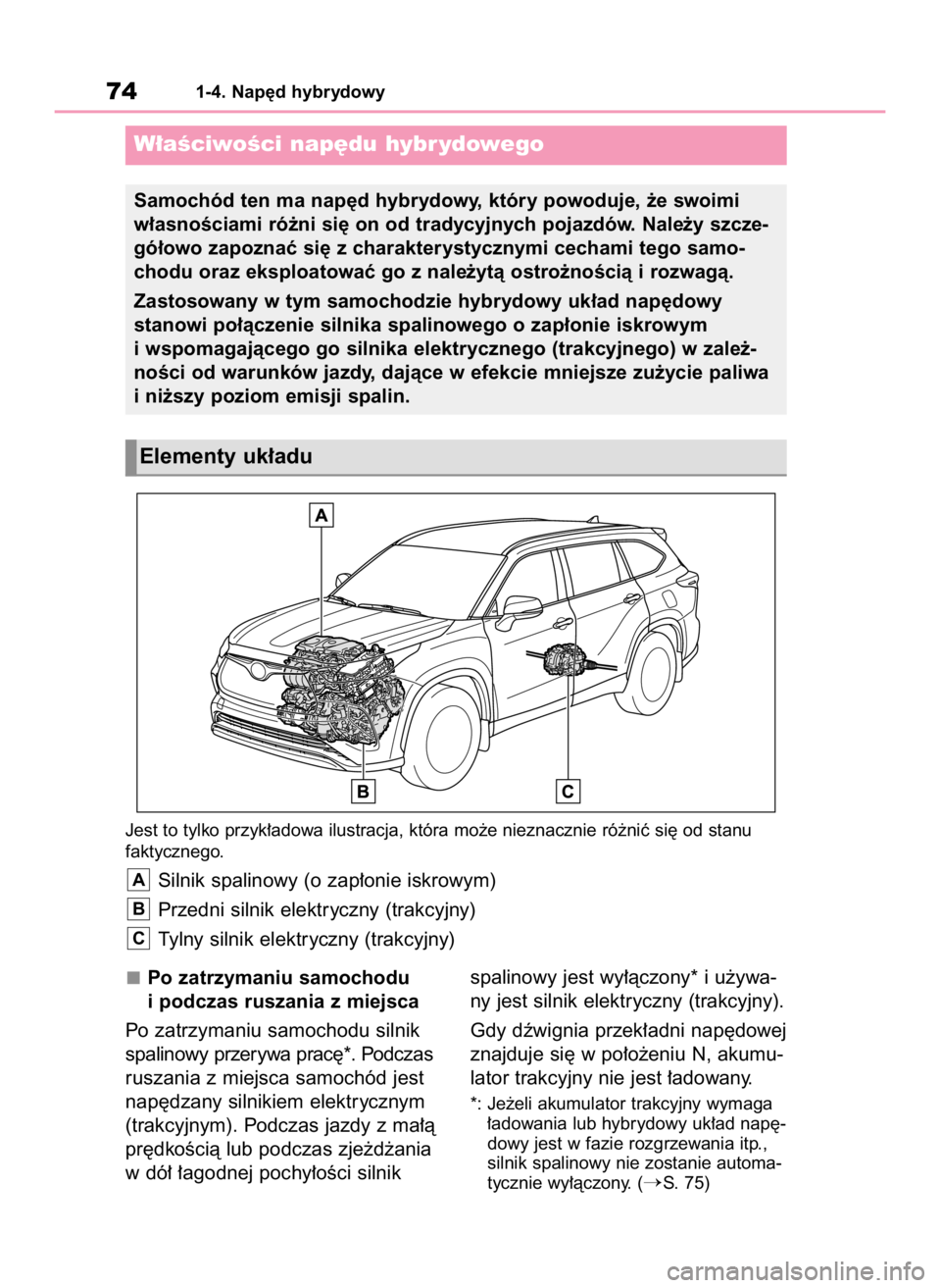 TOYOTA HIGHLANDER 2023 Instrukcja obsługi (in Polish) Po zatrzymaniu samochodu
i podczas ruszania z miejsca
Po zatrzymaniu samochodu silnik
spalinowy przerywa prac´*. Podczas
ruszania z miejsca samochód jest
nap´dzany silnikiem elektrycznym
(trakcyjny TOYOTA HIGHLANDER 2023 Instrukcja obsługi (in Polish) Po zatrzymaniu samochodu
i podczas ruszania z miejsca
Po zatrzymaniu samochodu silnik
spalinowy przerywa prac´*. Podczas
ruszania z miejsca samochód jest
nap´dzany silnikiem elektrycznym
(trakcyjny