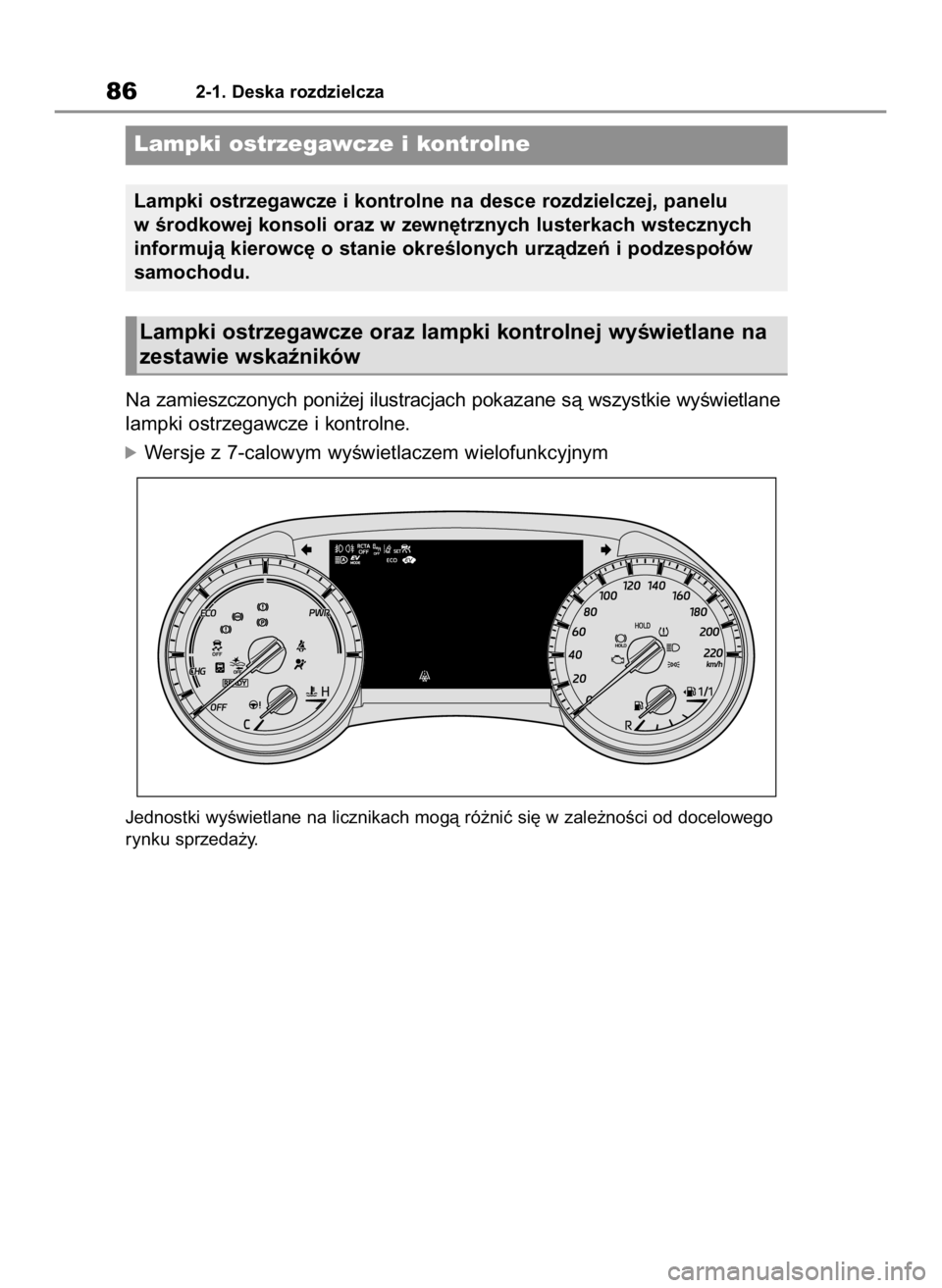 TOYOTA HIGHLANDER 2023  Instrukcja obsługi (in Polish) Na zamieszczonych poni˝ej ilustracjach pokazane sà wszystkie wyÊwietlane
lampki ostrzegawcze i kontrolne.
óWersje z 7-calowym wyÊwietlaczem wielofunkcyjnym
Jednostki wyÊwietlane na licznikach mo