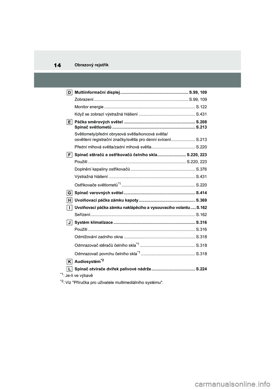 TOYOTA HIGHLANDER 2023 Návod na použití (in Czech) 14Obrazový rejstřík
Multiinformační displej ........................................ ................... S.99, 109
Zobrazení ...................................................... ............ TOYOTA HIGHLANDER 2023 Návod na použití (in Czech) 14Obrazový rejstřík
Multiinformační displej ........................................ ................... S.99, 109
Zobrazení ...................................................... ............