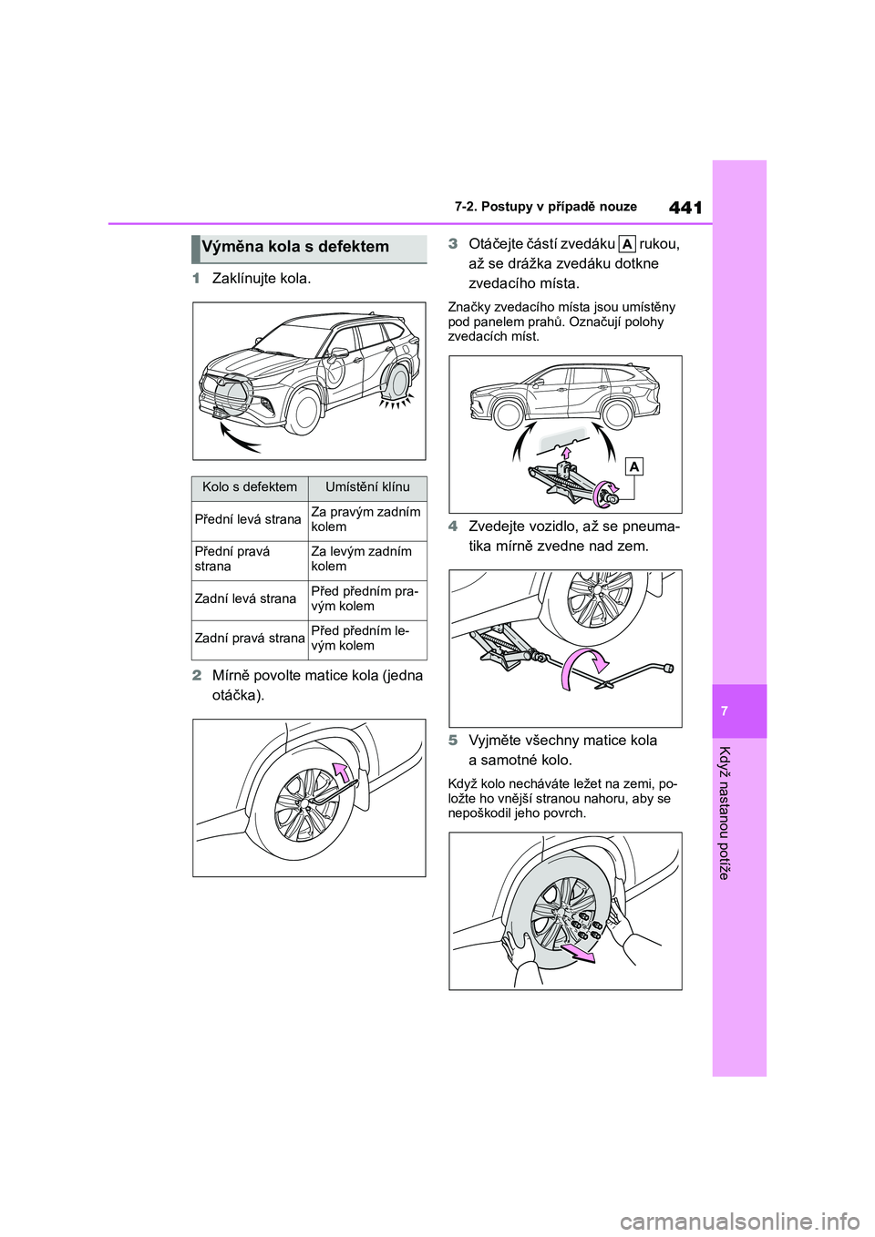 TOYOTA HIGHLANDER 2023 Návod na použití (in Czech) 441
7
7-2. Postupy v případě nouze
Když nastanou potíže
1 Zaklínujte kola.
2 Mírně povolte matice kola (jedna
otáčka).
3 Otáčejte částí zvedáku rukou,
až se drážka zvedák TOYOTA HIGHLANDER 2023 Návod na použití (in Czech) 441
7
7-2. Postupy v případě nouze
Když nastanou potíže
1 Zaklínujte kola.
2 Mírně povolte matice kola (jedna
otáčka).
3 Otáčejte částí zvedáku rukou,
až se drážka zvedák