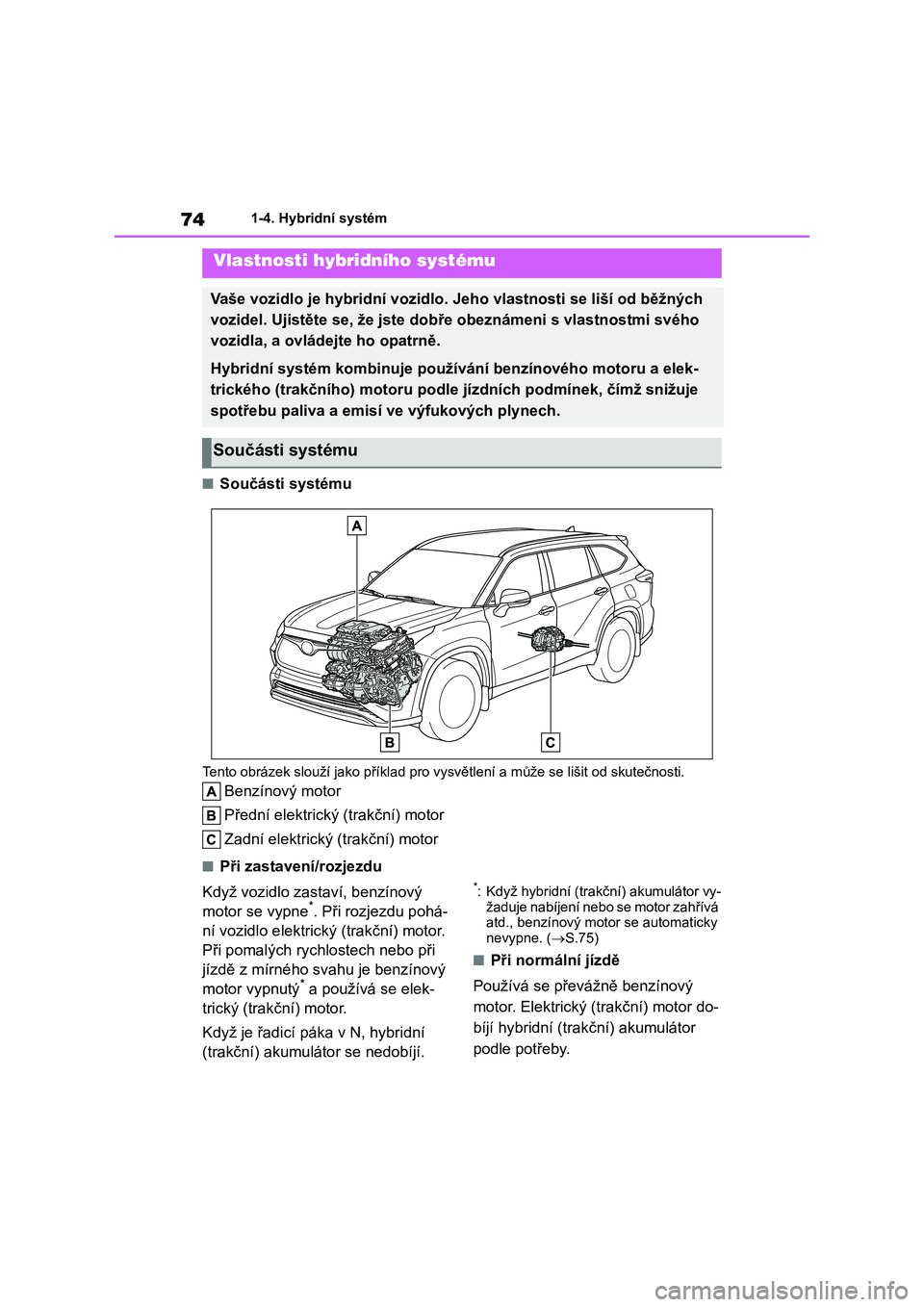 TOYOTA HIGHLANDER 2023  Návod na použití (in Czech) 741-4. Hybridní systém
1-4.Hybridní systém
■Součásti systému
Tento obrázek slouží jako příklad pro vysvětlení a může se lišit od skutečnosti.
Benzínový motor 
Přední elektrick