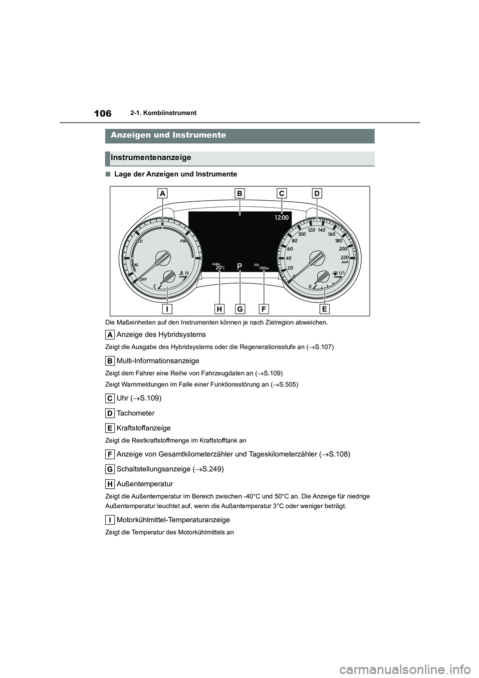 TOYOTA HIGHLANDER 2021 Betriebsanleitungen (in German) 1062-1. Kombiinstrument
■Lage der Anzeigen und Instrumente
Die Maßeinheiten auf den Instrumenten können je nach Zielregion abweichen.
Anzeige des Hybridsystems
Zeigt die Ausgabe des Hybridsystems TOYOTA HIGHLANDER 2021 Betriebsanleitungen (in German) 1062-1. Kombiinstrument
■Lage der Anzeigen und Instrumente
Die Maßeinheiten auf den Instrumenten können je nach Zielregion abweichen.
Anzeige des Hybridsystems
Zeigt die Ausgabe des Hybridsystems