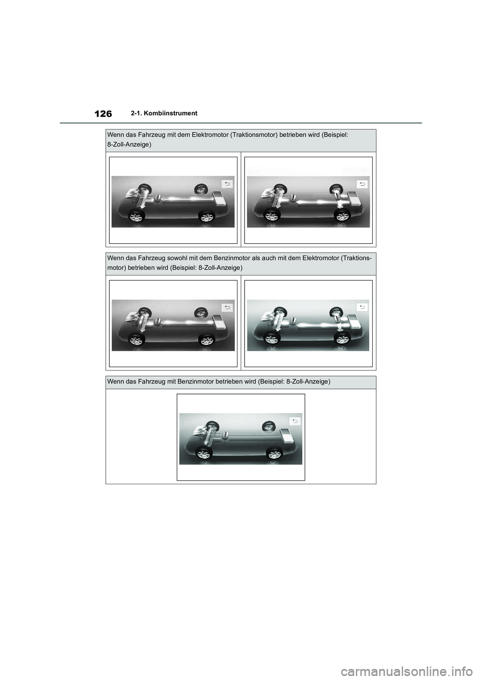 TOYOTA HIGHLANDER 2022 Betriebsanleitungen (in German) 1262-1. Kombiinstrument
Wenn das Fahrzeug mit dem Elektromotor (Traktionsmotor) betrieben wird (Beispiel:
8-Zoll-Anzeige)
Wenn das Fahrzeug sowohl mit dem Benzinmotor als auch mit dem Elektromotor TOYOTA HIGHLANDER 2022 Betriebsanleitungen (in German) 1262-1. Kombiinstrument
Wenn das Fahrzeug mit dem Elektromotor (Traktionsmotor) betrieben wird (Beispiel:
8-Zoll-Anzeige)
Wenn das Fahrzeug sowohl mit dem Benzinmotor als auch mit dem Elektromotor