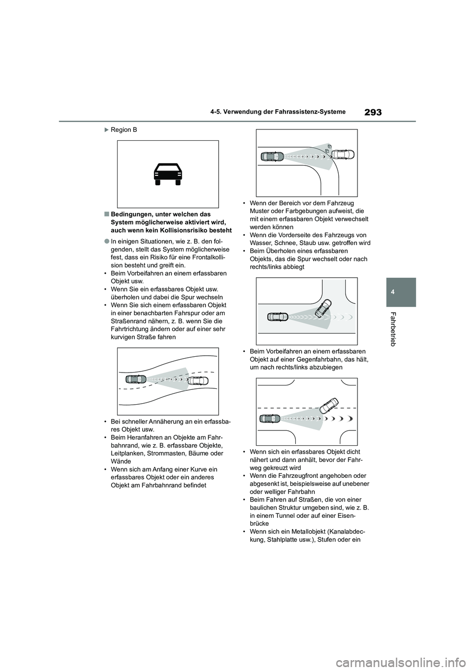 TOYOTA HIGHLANDER 2022 Betriebsanleitungen (in German) 293
4
4-5. Verwendung der Fahrassistenz-Systeme
Fahrbetrieb
Region B
■Bedingungen, unter welchen das
System möglicherweise aktiviert wird,
auch wenn kein Kollisionsrisiko besteht
●In einig TOYOTA HIGHLANDER 2022 Betriebsanleitungen (in German) 293
4
4-5. Verwendung der Fahrassistenz-Systeme
Fahrbetrieb
Region B
■Bedingungen, unter welchen das
System möglicherweise aktiviert wird,
auch wenn kein Kollisionsrisiko besteht
●In einig