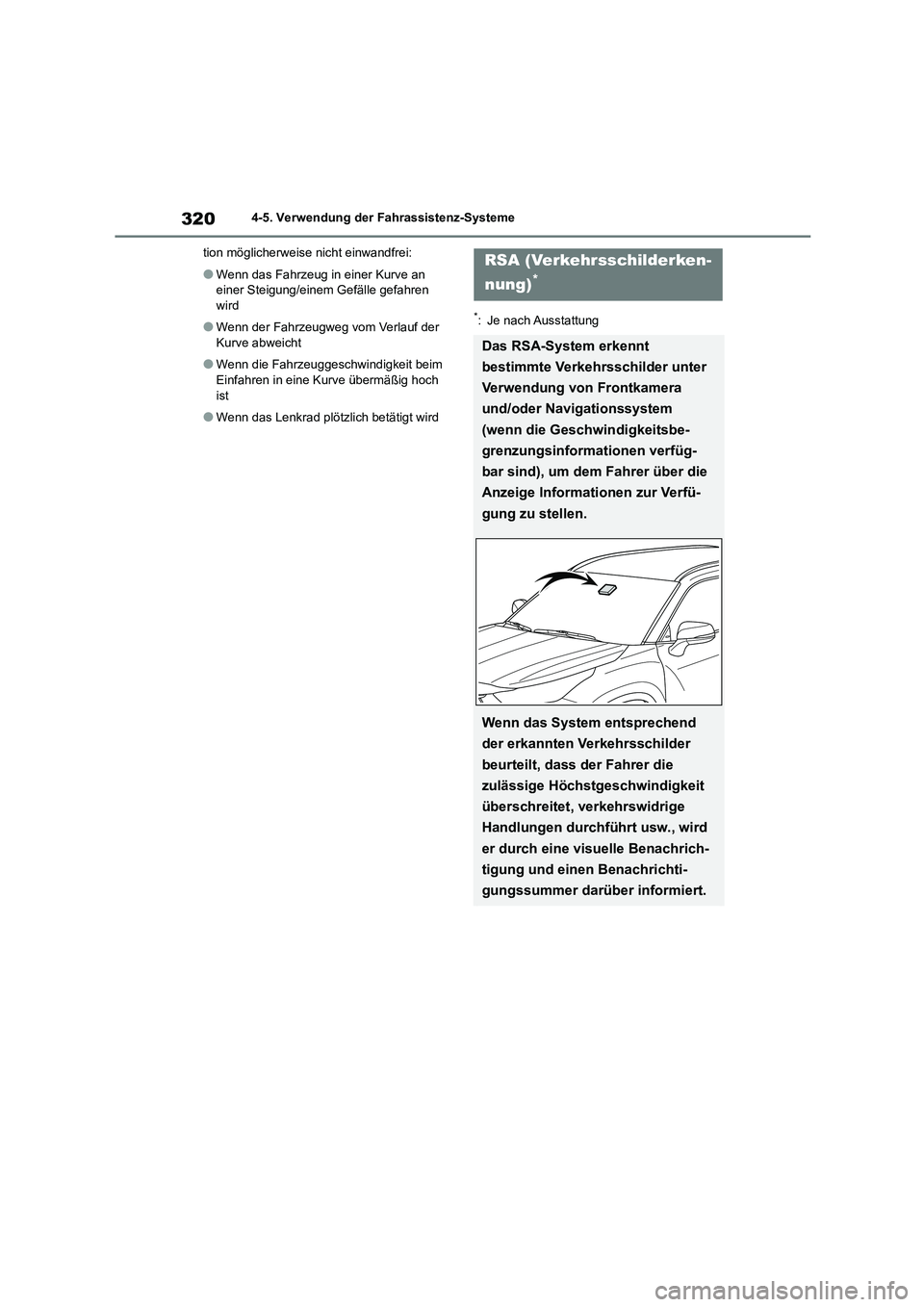 TOYOTA HIGHLANDER 2022 Betriebsanleitungen (in German) 3204-5. Verwendung der Fahrassistenz-Systeme
tion möglicherweise nicht einwandfrei:
●Wenn das Fahrzeug in einer Kurve an
einer Steigung/einem Gefälle gefahren wird
●Wenn der Fahrzeugweg vom TOYOTA HIGHLANDER 2022 Betriebsanleitungen (in German) 3204-5. Verwendung der Fahrassistenz-Systeme
tion möglicherweise nicht einwandfrei:
●Wenn das Fahrzeug in einer Kurve an
einer Steigung/einem Gefälle gefahren wird
●Wenn der Fahrzeugweg vom