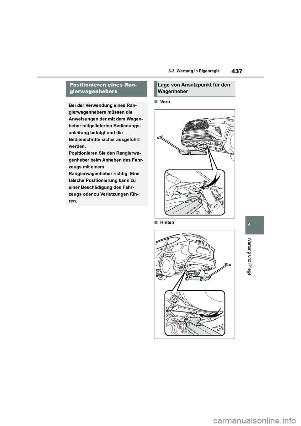 TOYOTA HIGHLANDER 2022 Betriebsanleitungen (in German) 437
6
6-3. Wartung in Eigenregie
Wartung und Pflege
■Vo r n
■Hinten
Positionieren eines Ran-
gierwagenhebers
Bei der Verwendung eines Ran-
gierwagenhebers müssen die
Anweisungen der mit dem W TOYOTA HIGHLANDER 2022 Betriebsanleitungen (in German) 437
6
6-3. Wartung in Eigenregie
Wartung und Pflege
■Vo r n
■Hinten
Positionieren eines Ran-
gierwagenhebers
Bei der Verwendung eines Ran-
gierwagenhebers müssen die
Anweisungen der mit dem W