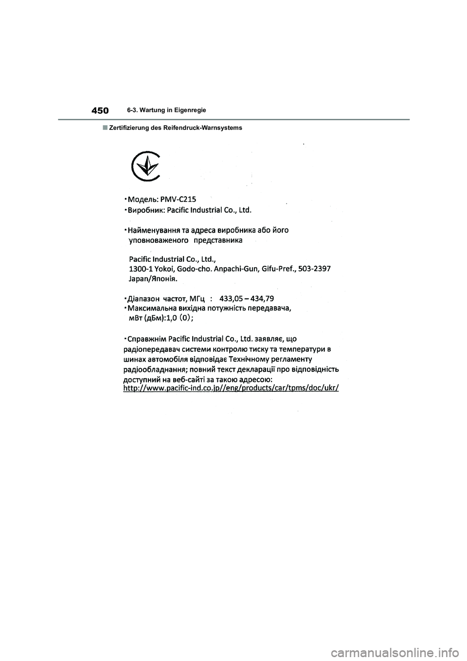 TOYOTA HIGHLANDER 2021  Betriebsanleitungen (in German) 4506-3. Wartung in Eigenregie
■Zertifizierung des Reifendruck-Warnsystems 