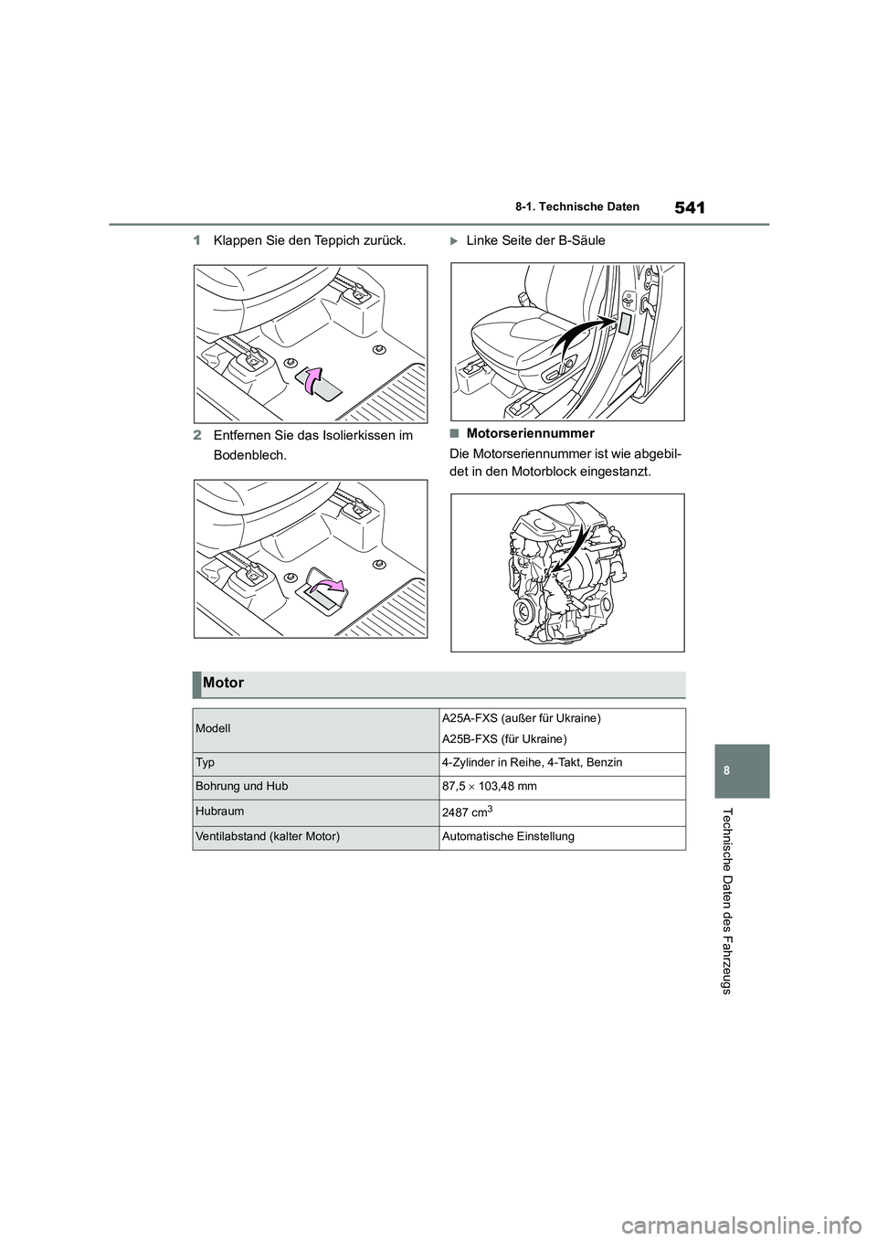 TOYOTA HIGHLANDER 2021 Betriebsanleitungen (in German) 541
8
8-1. Technische Daten
Technische Daten des Fahrzeugs
1 Klappen Sie den Teppich zurück.
2 Entfernen Sie das Isolierkissen im
Bodenblech.
Linke Seite der B-Säule
■Motorseriennummer
Die TOYOTA HIGHLANDER 2021 Betriebsanleitungen (in German) 541
8
8-1. Technische Daten
Technische Daten des Fahrzeugs
1 Klappen Sie den Teppich zurück.
2 Entfernen Sie das Isolierkissen im
Bodenblech.
Linke Seite der B-Säule
■Motorseriennummer
Die