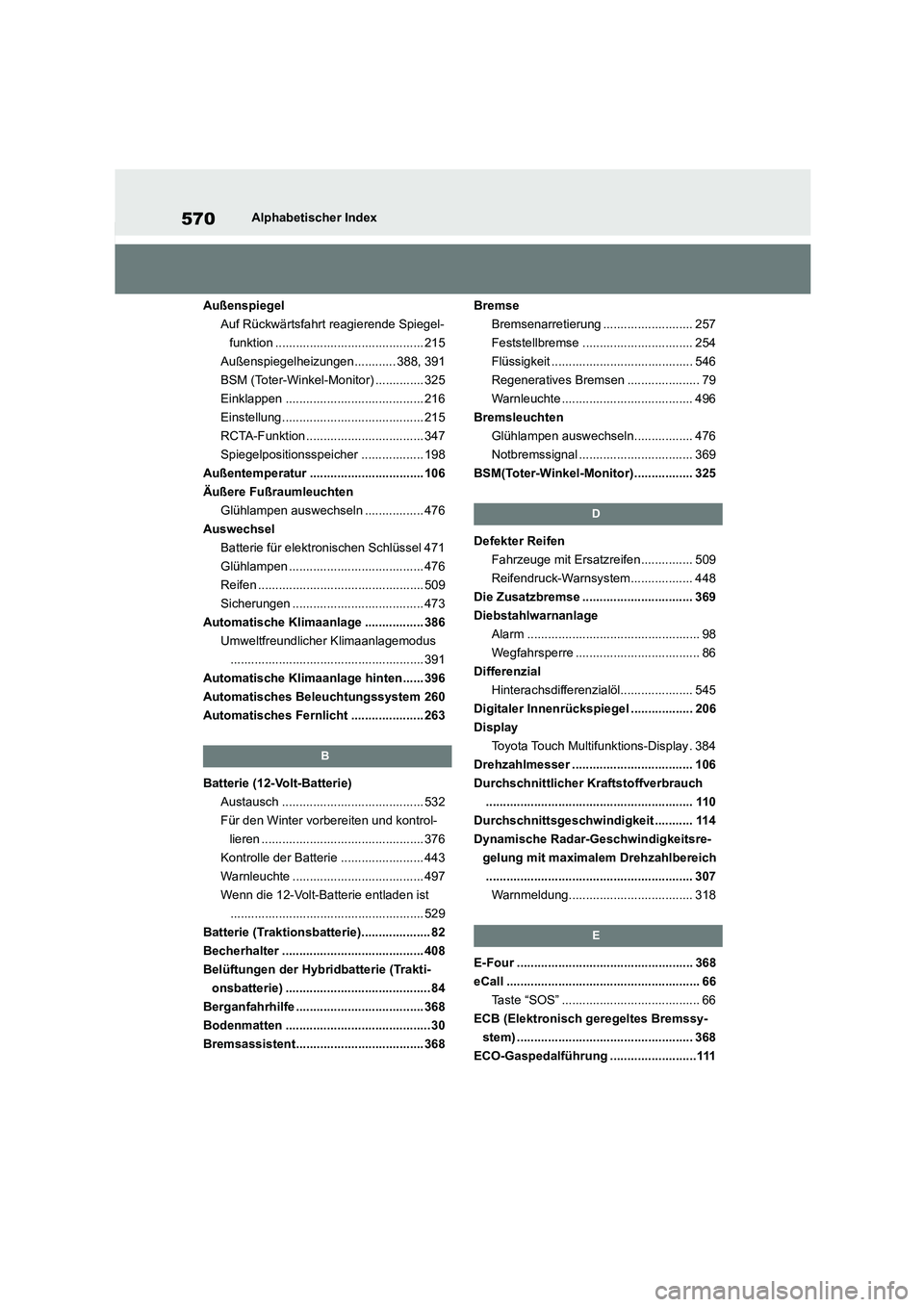 TOYOTA HIGHLANDER 2022  Betriebsanleitungen (in German) 570Alphabetischer Index 
Außenspiegel 
Auf Rückwärtsfahrt reagierende Spiegel-
funktion ........................................... 215
Außenspiegelheizungen............ 388, 391
BSM (Toter-Winkel