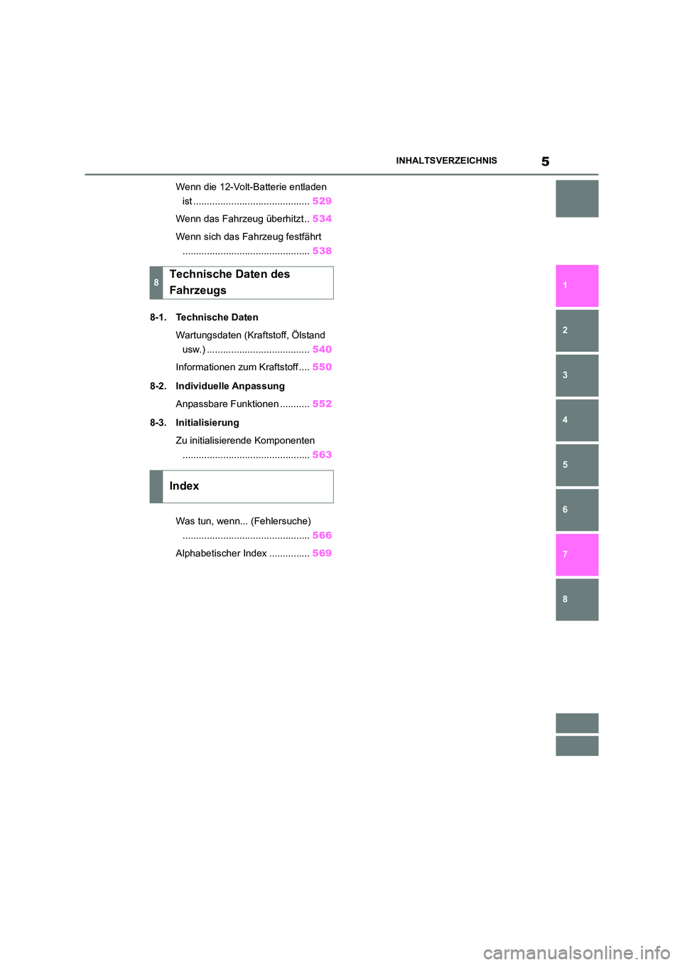 TOYOTA HIGHLANDER 2022  Betriebsanleitungen (in German) 5INHALTSVERZEICHNIS
1 
6 
5
4
3
2
8
7
Wenn die 12-Volt-Batterie entladen  
ist ........................................... 529 
Wenn das Fahrzeug überhitzt .. 534 
Wenn sich das Fahrzeug festfährt 
