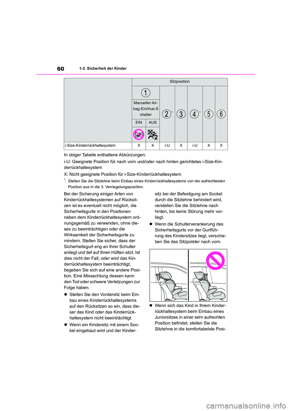 TOYOTA HIGHLANDER 2022  Betriebsanleitungen (in German) 601-2. Sicherheit der Kinder
In obiger Tabelle enthaltene Abkürzungen: 
i-U: Geeignete Position für nach vorn und/oder nach hinten gerichtetes i-Size-Kin- 
derrückhaltesystem 
X: Nicht geeignete Po