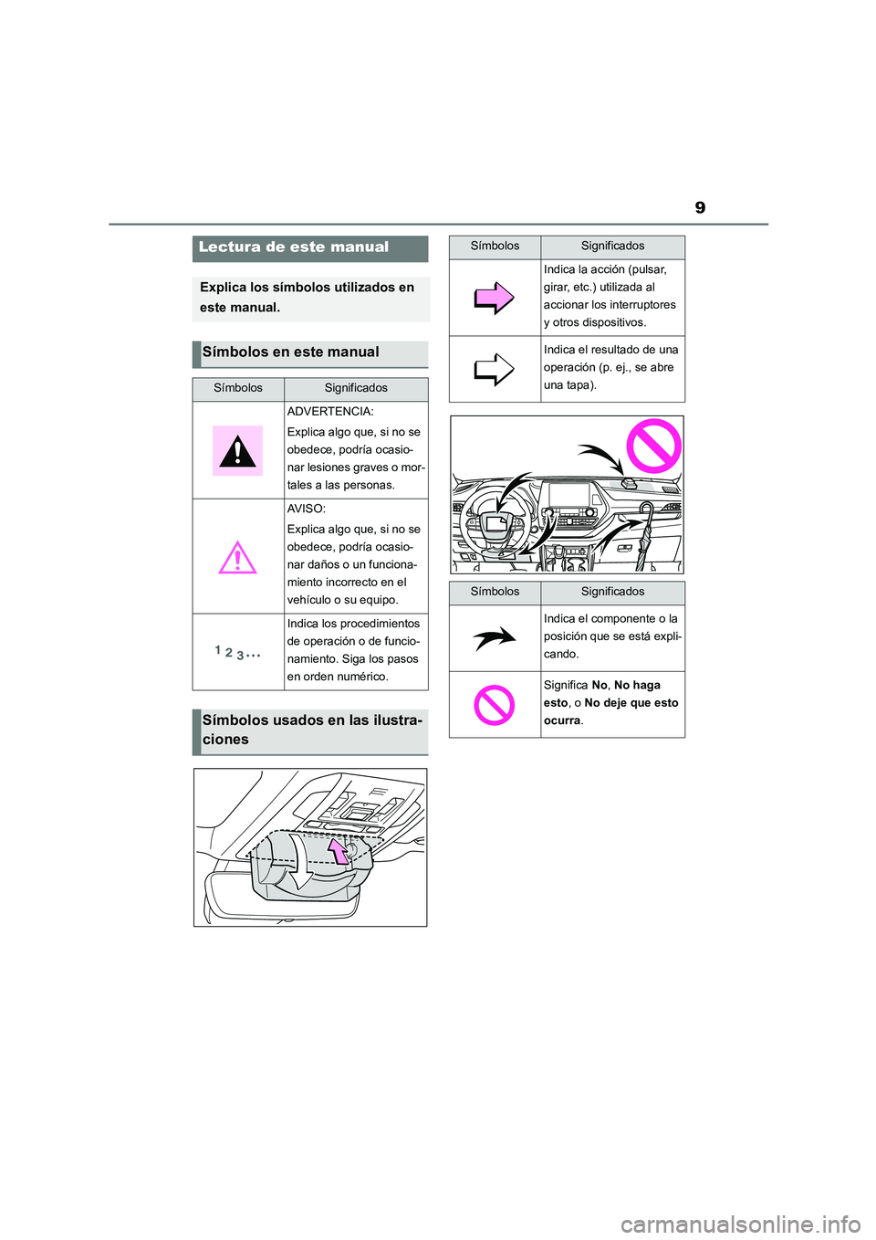 TOYOTA HIGHLANDER 2022 Manual del propietario (in Spanish) 9
Lectura de este manual
Explica los símbolos utilizados en
este manual.
Símbolos en este manual
SímbolosSignificados
ADVERTENCIA:
Explica algo que, si no se
obedece, podría ocasio-
nar lesio TOYOTA HIGHLANDER 2022 Manual del propietario (in Spanish) 9
Lectura de este manual
Explica los símbolos utilizados en
este manual.
Símbolos en este manual
SímbolosSignificados
ADVERTENCIA:
Explica algo que, si no se
obedece, podría ocasio-
nar lesio