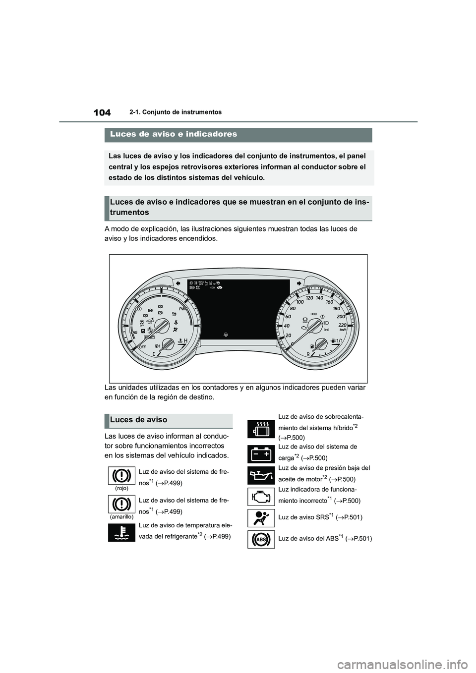 TOYOTA HIGHLANDER 2022  Manual del propietario (in Spanish) 1042-1. Conjunto de instrumentos
2-1.Conjunto de instrumentos
A modo de explicación, las ilustraciones siguientes muestran todas las luces de  
aviso y los indicadores encendidos. 
Las unidades utili