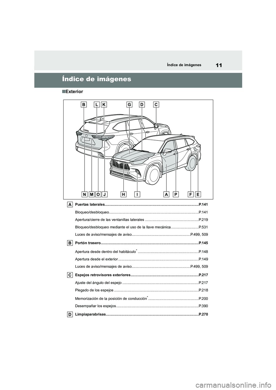 TOYOTA HIGHLANDER 2022 Manual del propietario (in Spanish) 11Índice de imágenes
Índice de imágenes
■Exterior
Puertas laterales...........................................................................................P.141
Bloqueo/desbloqueo........... TOYOTA HIGHLANDER 2022 Manual del propietario (in Spanish) 11Índice de imágenes
Índice de imágenes
■Exterior
Puertas laterales...........................................................................................P.141
Bloqueo/desbloqueo...........