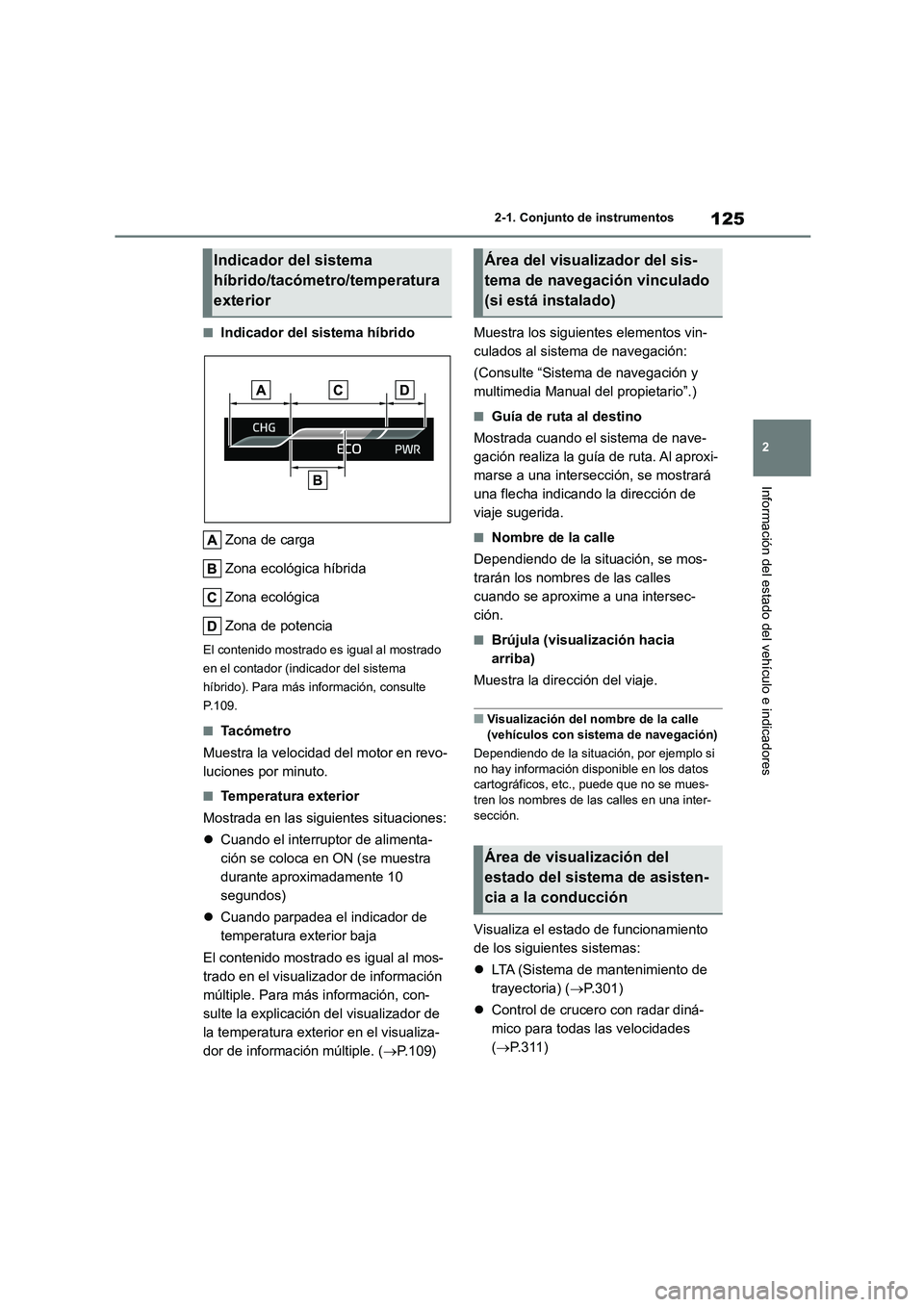 TOYOTA HIGHLANDER 2021 Manual del propietario (in Spanish) 125
2
2-1. Conjunto de instrumentos
Información del estado del vehículo e indicadores
■Indicador del sistema híbrido
Zona de carga
Zona ecológica híbrida
Zona ecológica
Zona de potencia
El TOYOTA HIGHLANDER 2021 Manual del propietario (in Spanish) 125
2
2-1. Conjunto de instrumentos
Información del estado del vehículo e indicadores
■Indicador del sistema híbrido
Zona de carga
Zona ecológica híbrida
Zona ecológica
Zona de potencia
El