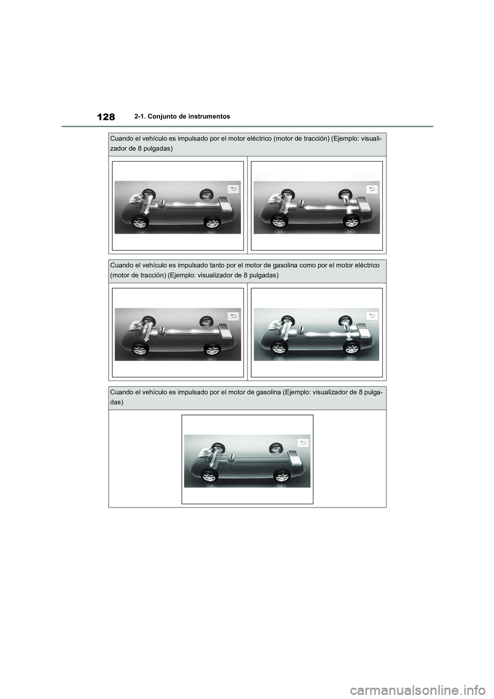 TOYOTA HIGHLANDER 2021 Manual del propietario (in Spanish) 1282-1. Conjunto de instrumentos
Cuando el vehículo es impulsado por el motor eléctrico (motor de tracción) (Ejemplo: visuali-
zador de 8 pulgadas)
Cuando el vehículo es impulsado tanto por el mo TOYOTA HIGHLANDER 2021 Manual del propietario (in Spanish) 1282-1. Conjunto de instrumentos
Cuando el vehículo es impulsado por el motor eléctrico (motor de tracción) (Ejemplo: visuali-
zador de 8 pulgadas)
Cuando el vehículo es impulsado tanto por el mo