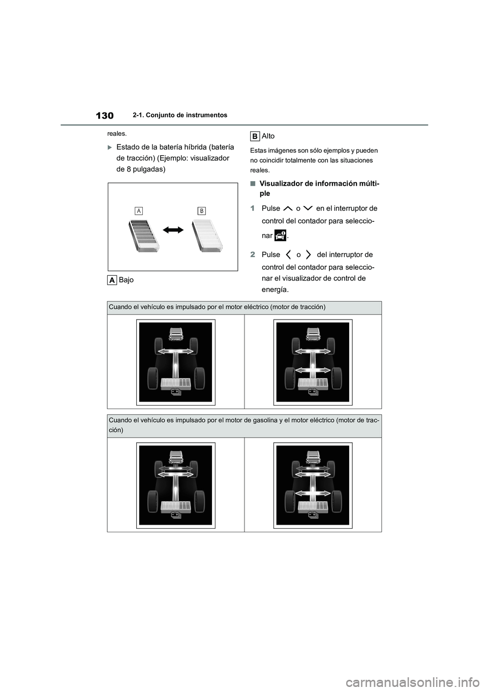 TOYOTA HIGHLANDER 2021 Manual del propietario (in Spanish) 1302-1. Conjunto de instrumentos
reales.
Estado de la batería híbrida (batería
de tracción) (Ejemplo: visualizador
de 8 pulgadas)
Bajo
Alto
Estas imágenes son sólo ejemplos y pueden
TOYOTA HIGHLANDER 2021 Manual del propietario (in Spanish) 1302-1. Conjunto de instrumentos
reales.
Estado de la batería híbrida (batería
de tracción) (Ejemplo: visualizador
de 8 pulgadas)
Bajo
Alto
Estas imágenes son sólo ejemplos y pueden
