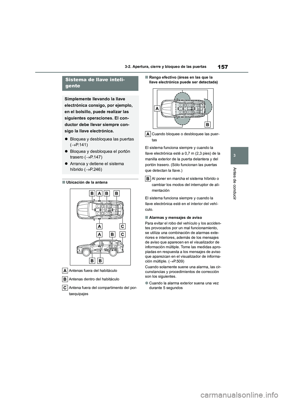 TOYOTA HIGHLANDER 2021  Manual del propietario (in Spanish) 157
3 
3-2. Apertura, cierre y bloqueo de las puertas
Antes de conducir
■Ubicación de la antena 
Antenas fuera del habitáculo 
Antenas dentro del habitáculo
Antena fuera del compartimento del por