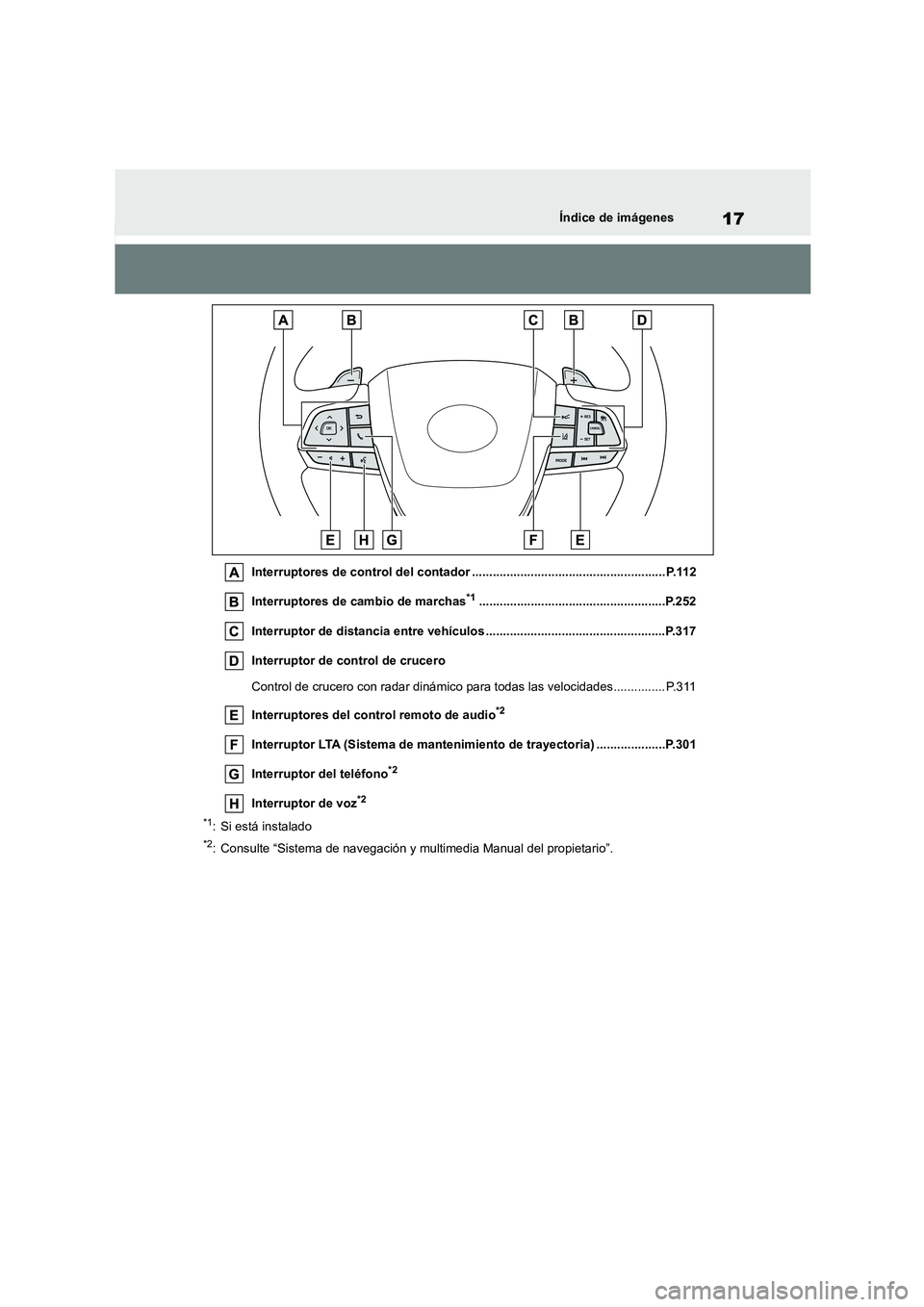TOYOTA HIGHLANDER 2022 Manual del propietario (in Spanish) 17Índice de imágenes
Interruptores de control del contador ........................................................ P.112
Interruptores de cambio de marchas*1....................................... TOYOTA HIGHLANDER 2022 Manual del propietario (in Spanish) 17Índice de imágenes
Interruptores de control del contador ........................................................ P.112
Interruptores de cambio de marchas*1.......................................