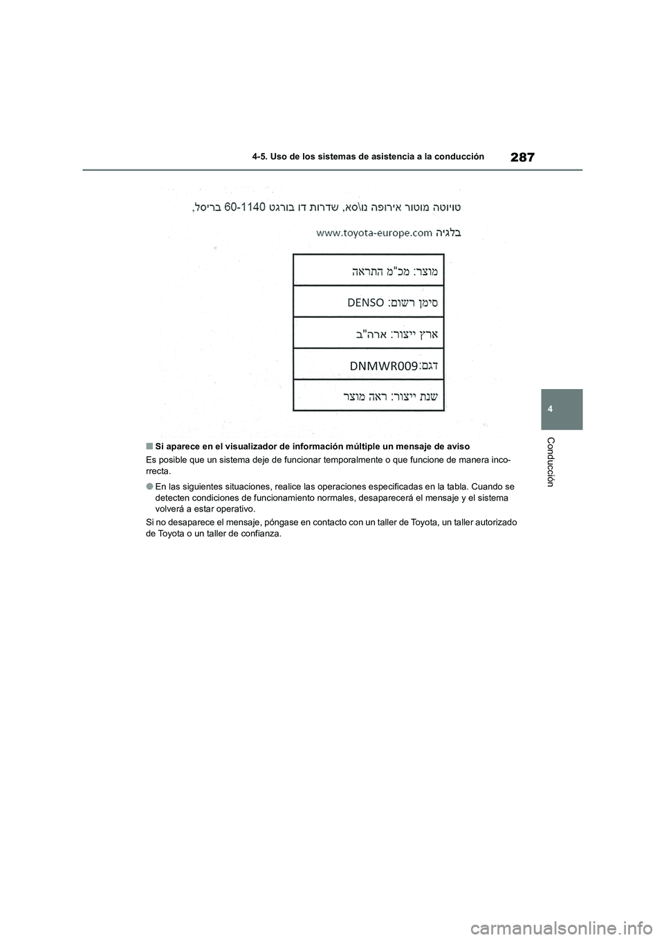 TOYOTA HIGHLANDER 2021  Manual del propietario (in Spanish) 287
4 
4-5. Uso de los sistemas de asistencia a la conducción
Conducción
■Si aparece en el visualizador de información múltiple un mensaje de aviso 
Es posible que un sistema deje  de funcionar 