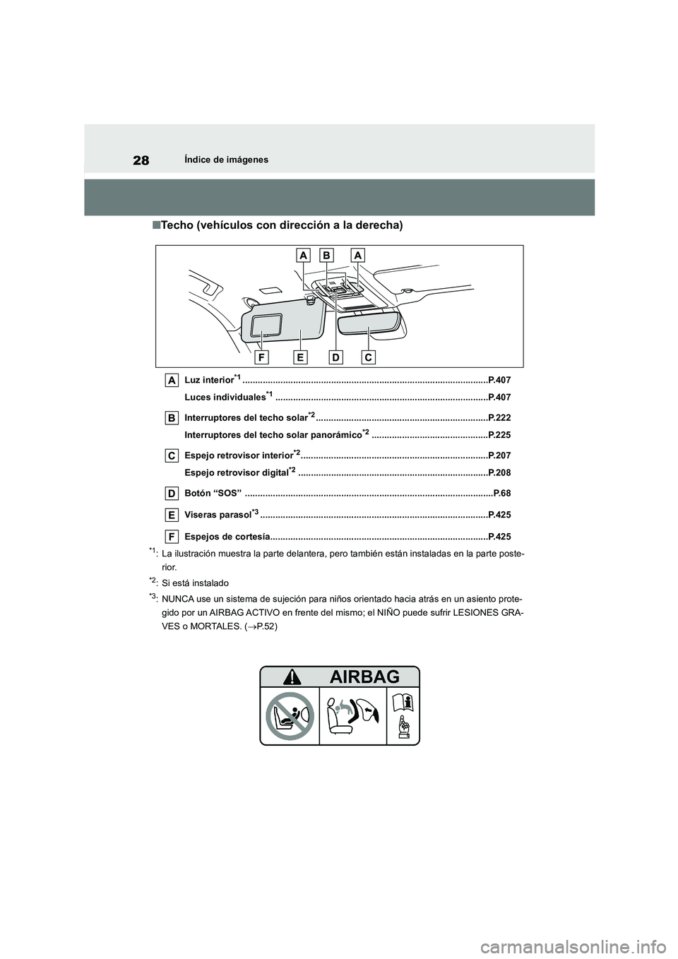 TOYOTA HIGHLANDER 2021 Manual del propietario (in Spanish) 28Índice de imágenes
■Techo (vehículos con dirección a la derecha)
Luz interior*1.................................................................................................P.407
Luces ind TOYOTA HIGHLANDER 2021 Manual del propietario (in Spanish) 28Índice de imágenes
■Techo (vehículos con dirección a la derecha)
Luz interior*1.................................................................................................P.407
Luces ind