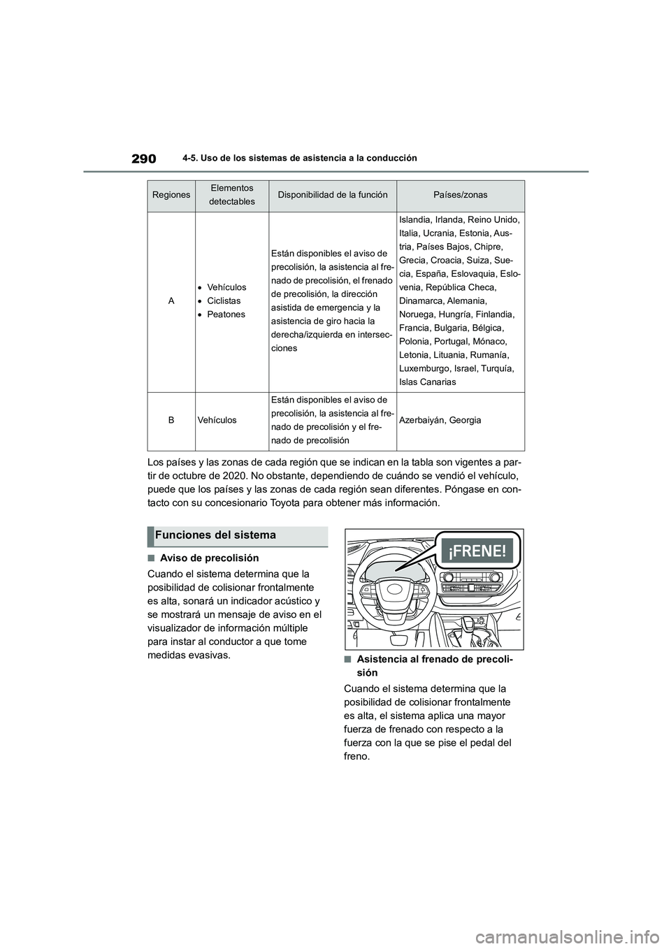 TOYOTA HIGHLANDER 2021 Manual del propietario (in Spanish) 2904-5. Uso de los sistemas de asistencia a la conducción
Los países y las zonas de cada región que se indican en la tabla son vigentes a par-
tir de octubre de 2020. No obstante, dependiendo de c TOYOTA HIGHLANDER 2021 Manual del propietario (in Spanish) 2904-5. Uso de los sistemas de asistencia a la conducción
Los países y las zonas de cada región que se indican en la tabla son vigentes a par-
tir de octubre de 2020. No obstante, dependiendo de c