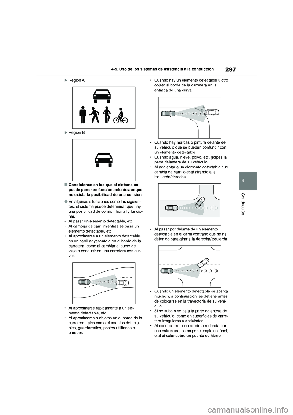 TOYOTA HIGHLANDER 2021 Manual del propietario (in Spanish) 297
4
4-5. Uso de los sistemas de asistencia a la conducción
Conducción
Región A
Región B
■Condiciones en las que el sistema se puede poner en funcionamiento aunque
no exista la posibi TOYOTA HIGHLANDER 2021 Manual del propietario (in Spanish) 297
4
4-5. Uso de los sistemas de asistencia a la conducción
Conducción
Región A
Región B
■Condiciones en las que el sistema se puede poner en funcionamiento aunque
no exista la posibi