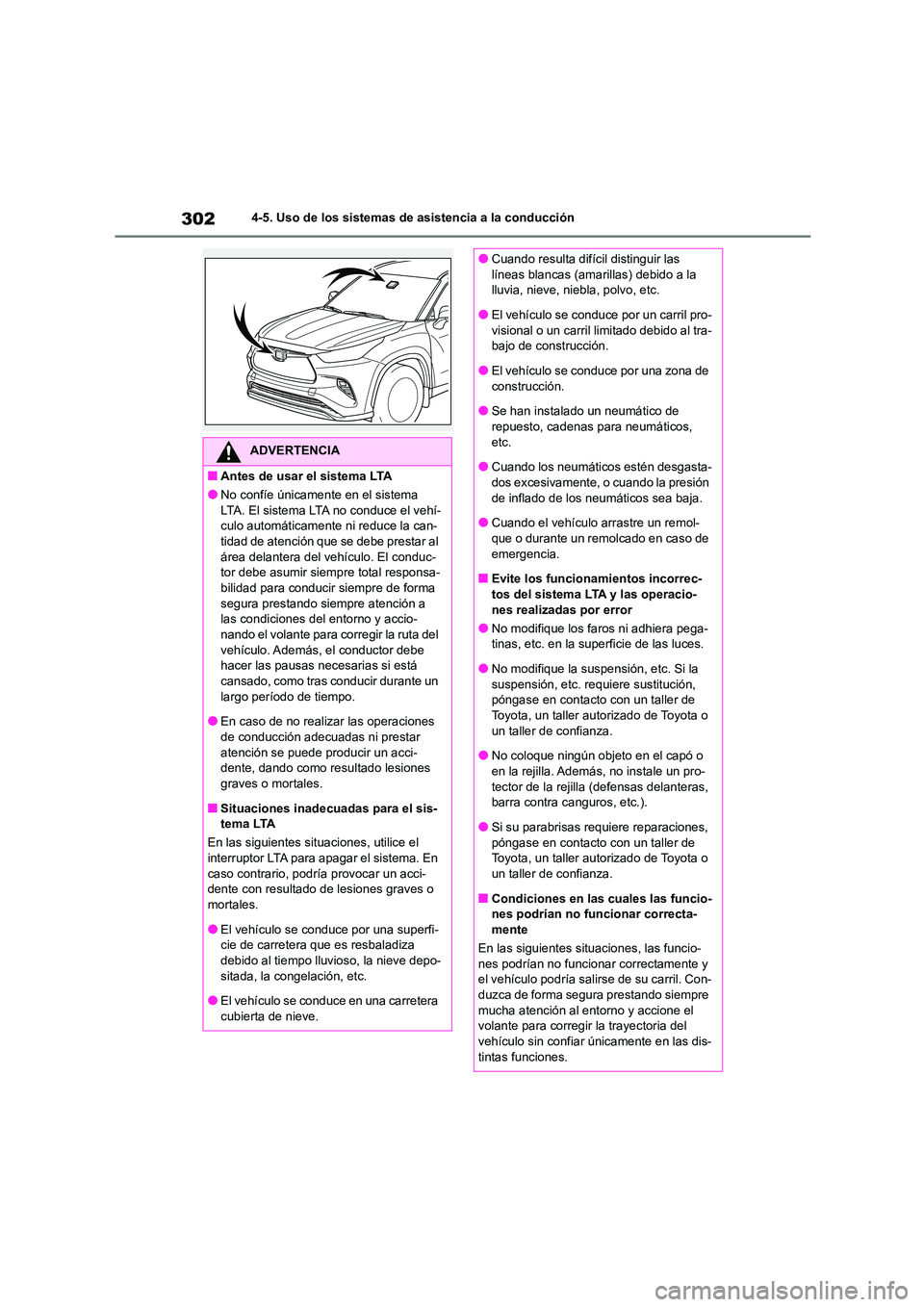TOYOTA HIGHLANDER 2021  Manual del propietario (in Spanish) 3024-5. Uso de los sistemas de asistencia a la conducción
ADVERTENCIA
■Antes de usar el sistema LTA
●No confíe únicamente en el sistema  
LTA. El sistema LTA no conduce el vehí- culo automáti