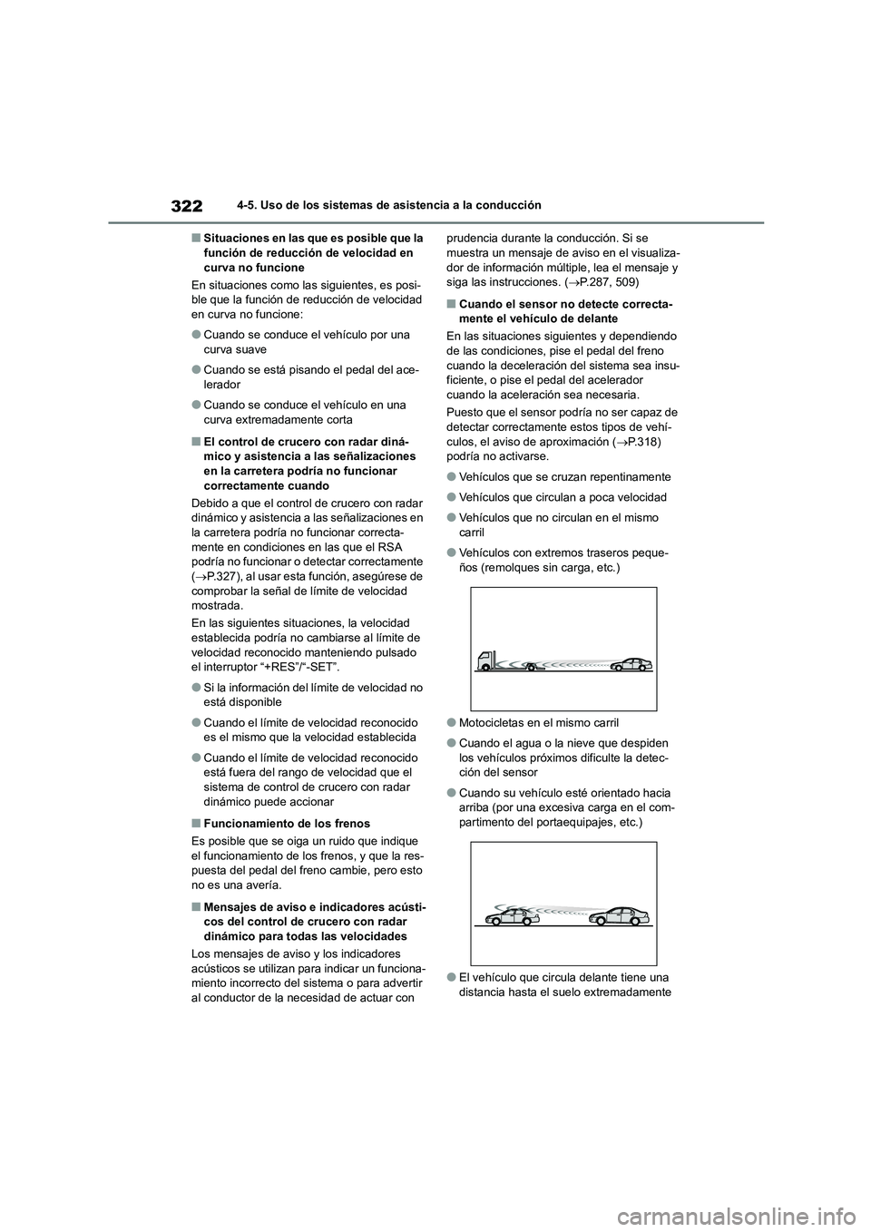 TOYOTA HIGHLANDER 2021  Manual del propietario (in Spanish) 3224-5. Uso de los sistemas de asistencia a la conducción
■Situaciones en las que es posible que la  función de reducción de velocidad en  
curva no funcione 
En situaciones como las siguientes, 