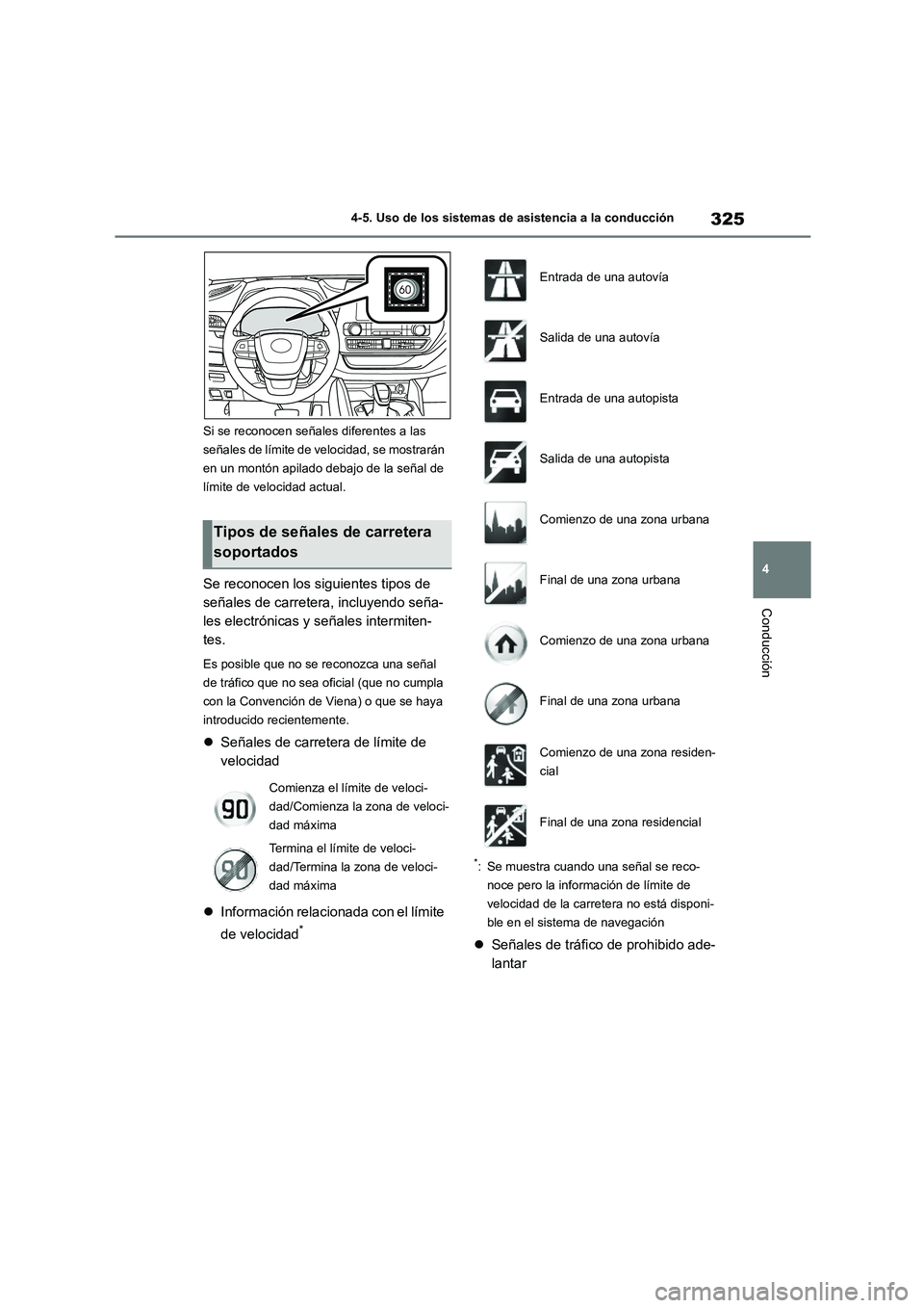 TOYOTA HIGHLANDER 2021  Manual del propietario (in Spanish) 325
4 
4-5. Uso de los sistemas de asistencia a la conducción
Conducción
Si se reconocen señales diferentes a las  
señales de límite de velocidad, se mostrarán 
en un montón apilado debajo de 