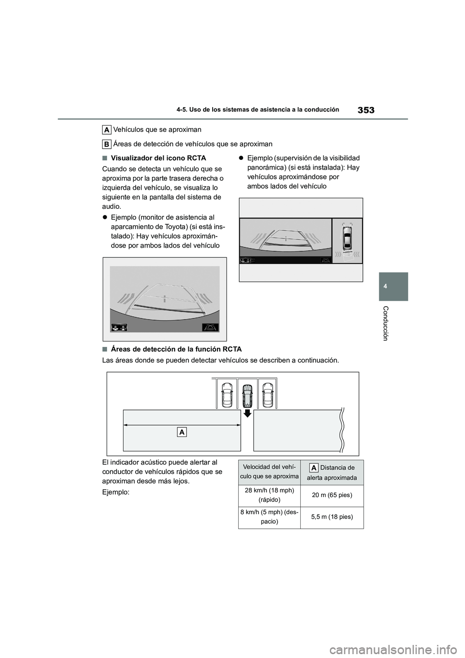TOYOTA HIGHLANDER 2021  Manual del propietario (in Spanish) 353
4 
4-5. Uso de los sistemas de asistencia a la conducción
Conducción
Vehículos que se aproximan 
Áreas de detección de vehículos que se aproximan
■Visualizador del icono RCTA 
Cuando se de