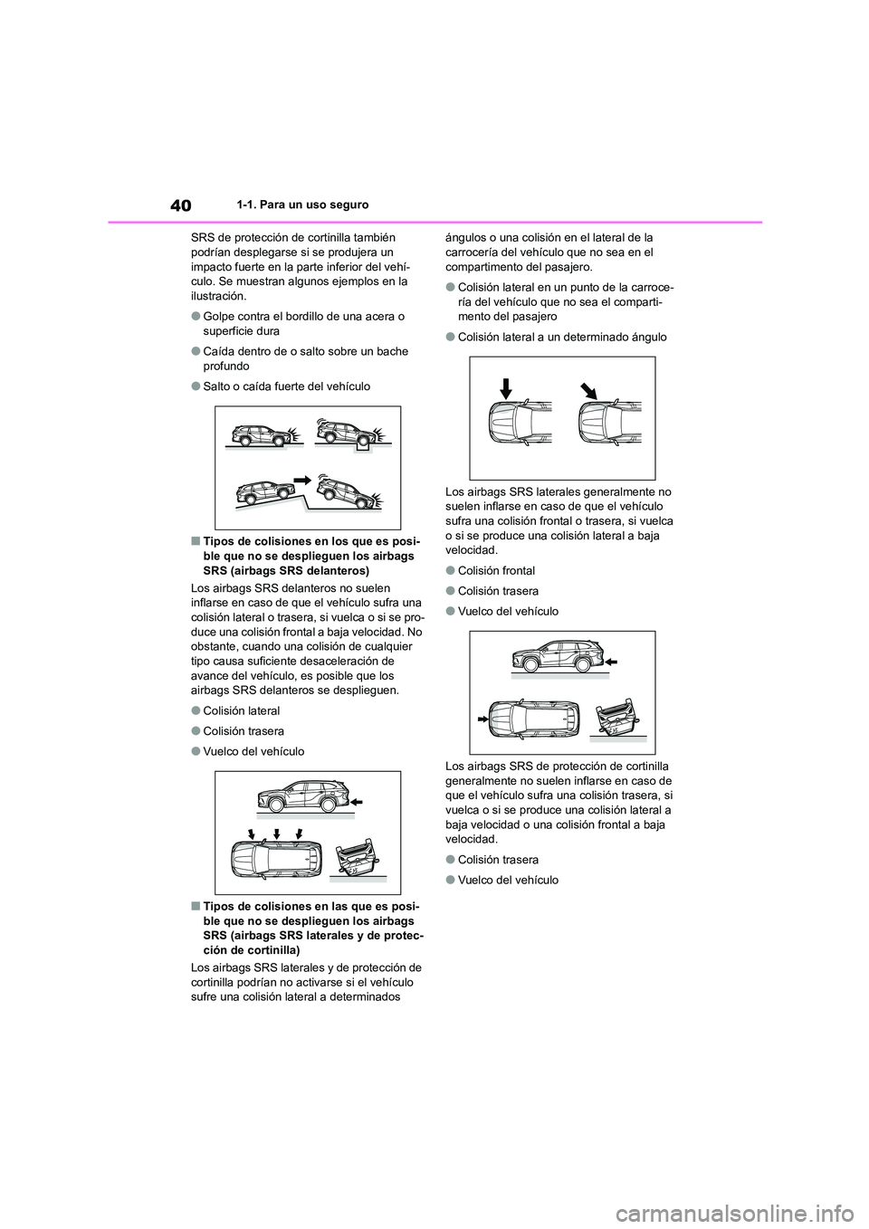 TOYOTA HIGHLANDER 2022 Manual del propietario (in Spanish) 401-1. Para un uso seguro
SRS de protección de cortinilla también podrían desplegarse si se produjera un
impacto fuerte en la parte inferior del vehí-
culo. Se muestran algunos ejemplos en la TOYOTA HIGHLANDER 2022 Manual del propietario (in Spanish) 401-1. Para un uso seguro
SRS de protección de cortinilla también podrían desplegarse si se produjera un
impacto fuerte en la parte inferior del vehí-
culo. Se muestran algunos ejemplos en la
