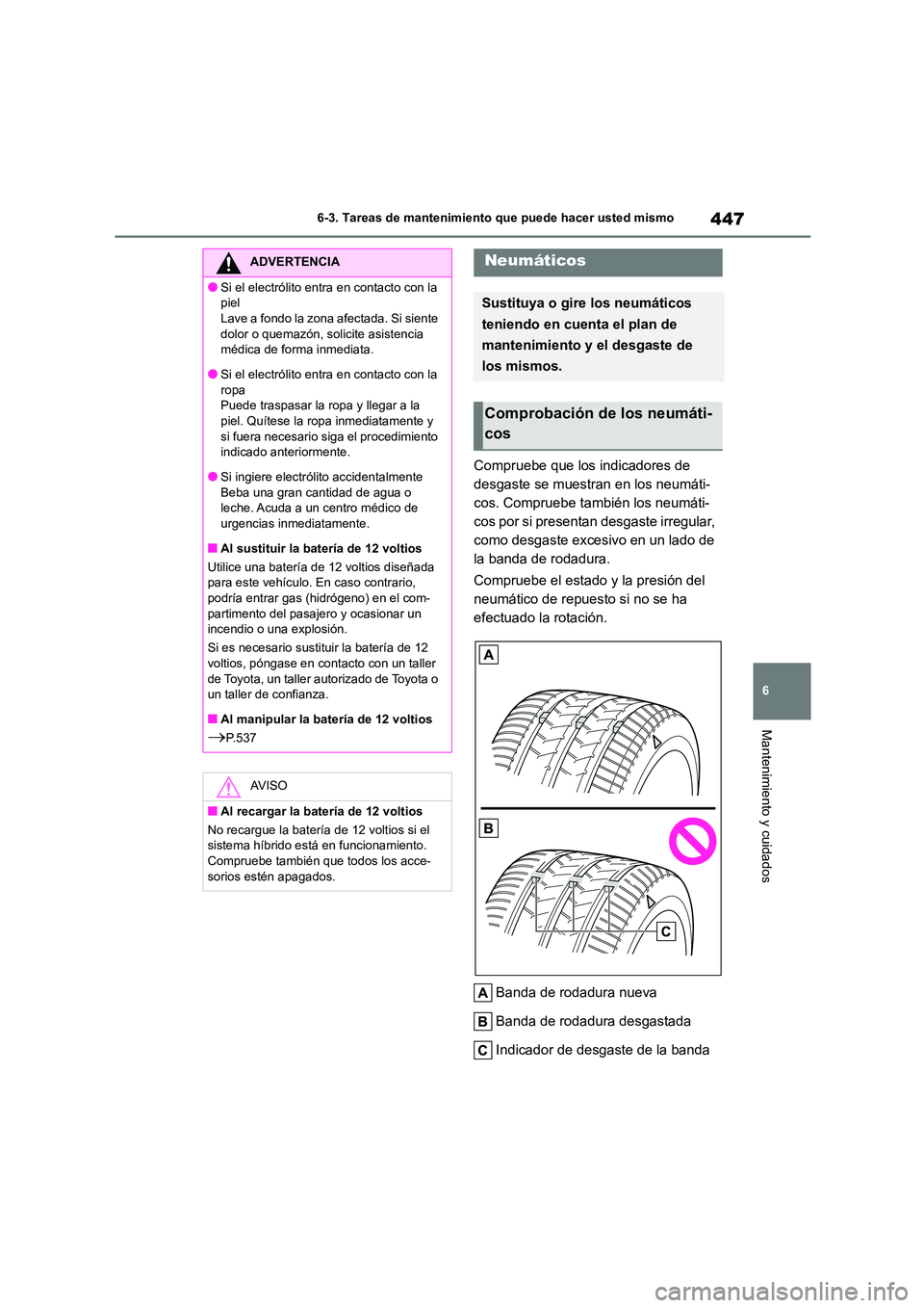 TOYOTA HIGHLANDER 2021  Manual del propietario (in Spanish) 447
6 
6-3. Tareas de mantenimiento que puede hacer usted mismo
Mantenimiento y cuidados
Compruebe que los indicadores de  
desgaste se muestran en los neumáti-
cos. Compruebe también los neumáti-
