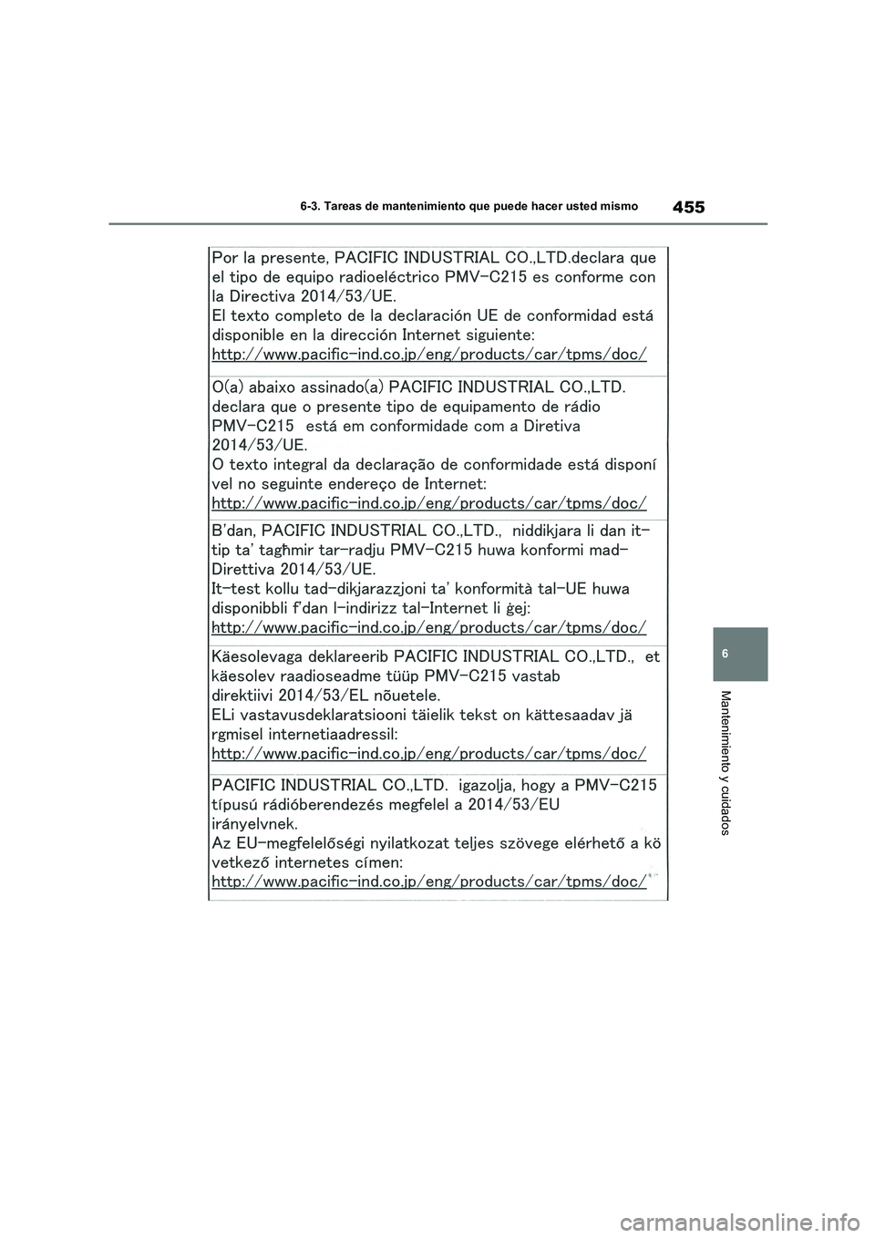 TOYOTA HIGHLANDER 2021  Manual del propietario (in Spanish) 455
6 
6-3. Tareas de mantenimiento que puede hacer usted mismo
Mantenimiento y cuidados 