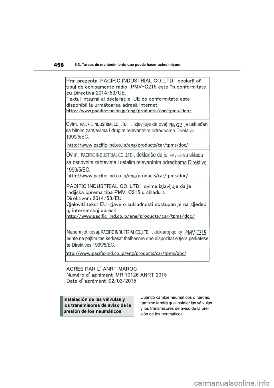TOYOTA HIGHLANDER 2021  Manual del propietario (in Spanish) 4586-3. Tareas de mantenimiento que puede hacer usted mismo
Cuando cambie neumáticos o ruedas,  
también tendrá que instalar las válvulas 
y los transmisores de aviso de la pre-
sión de los neum