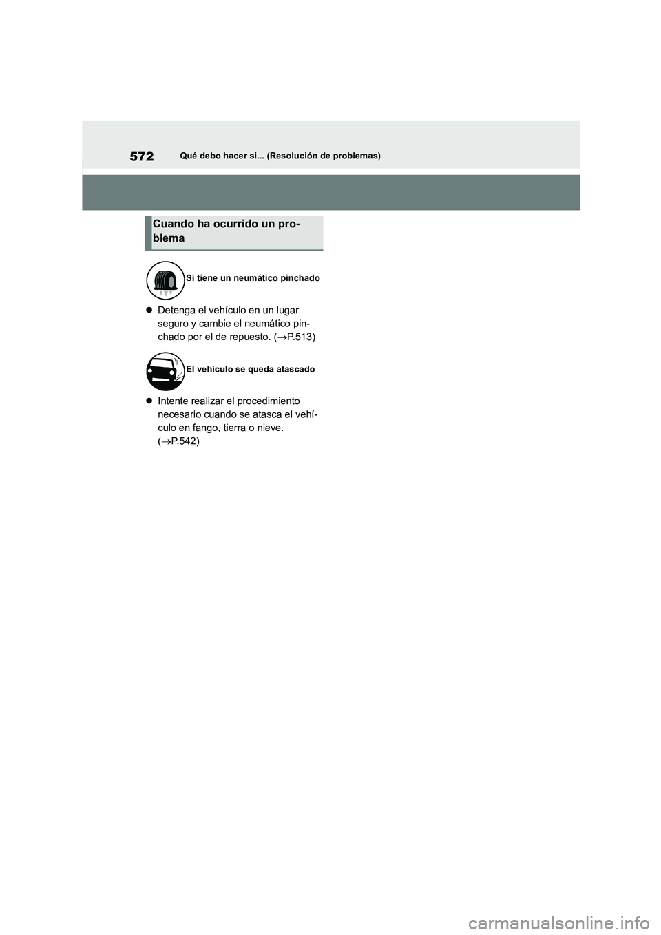 TOYOTA HIGHLANDER 2021 Manual del propietario (in Spanish) 572Qué debo hacer si... (Resolución de problemas)
Detenga el vehículo en un lugar
seguro y cambie el neumático pin-
chado por el de repuesto. ( P.513)
Intente realizar el procedimient TOYOTA HIGHLANDER 2021 Manual del propietario (in Spanish) 572Qué debo hacer si... (Resolución de problemas)
Detenga el vehículo en un lugar
seguro y cambie el neumático pin-
chado por el de repuesto. ( P.513)
Intente realizar el procedimient