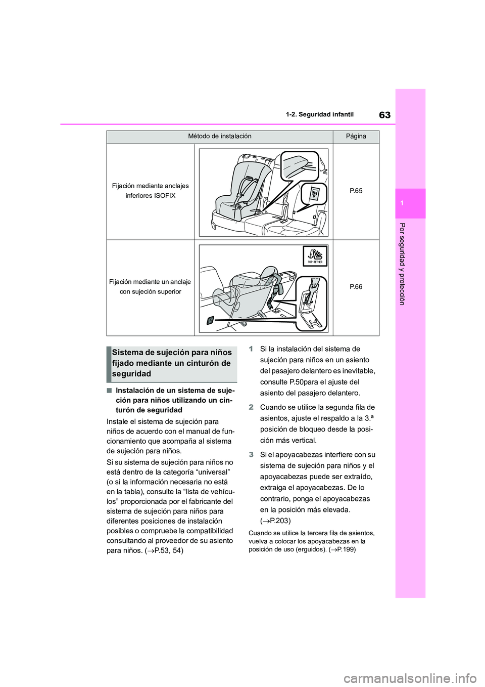 TOYOTA HIGHLANDER 2021  Manual del propietario (in Spanish) 63
1 
1-2. Seguridad infantil
Por seguridad y protección
■Instalación de un sistema de suje- 
ción para niños utilizando un cin-
turón de seguridad 
Instale el sistema de sujeción para  
niño