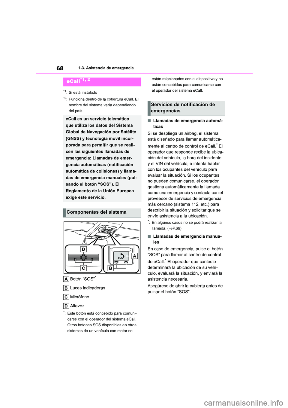 TOYOTA HIGHLANDER 2021  Manual del propietario (in Spanish) 681-3. Asistencia de emergencia
1-3.Asistencia de emergencia
*1: Si está instalado
*2: Funciona dentro de la cobertura eCall. El  
nombre del sistema varía dependiendo 
del país.
Botón “SOS”*
