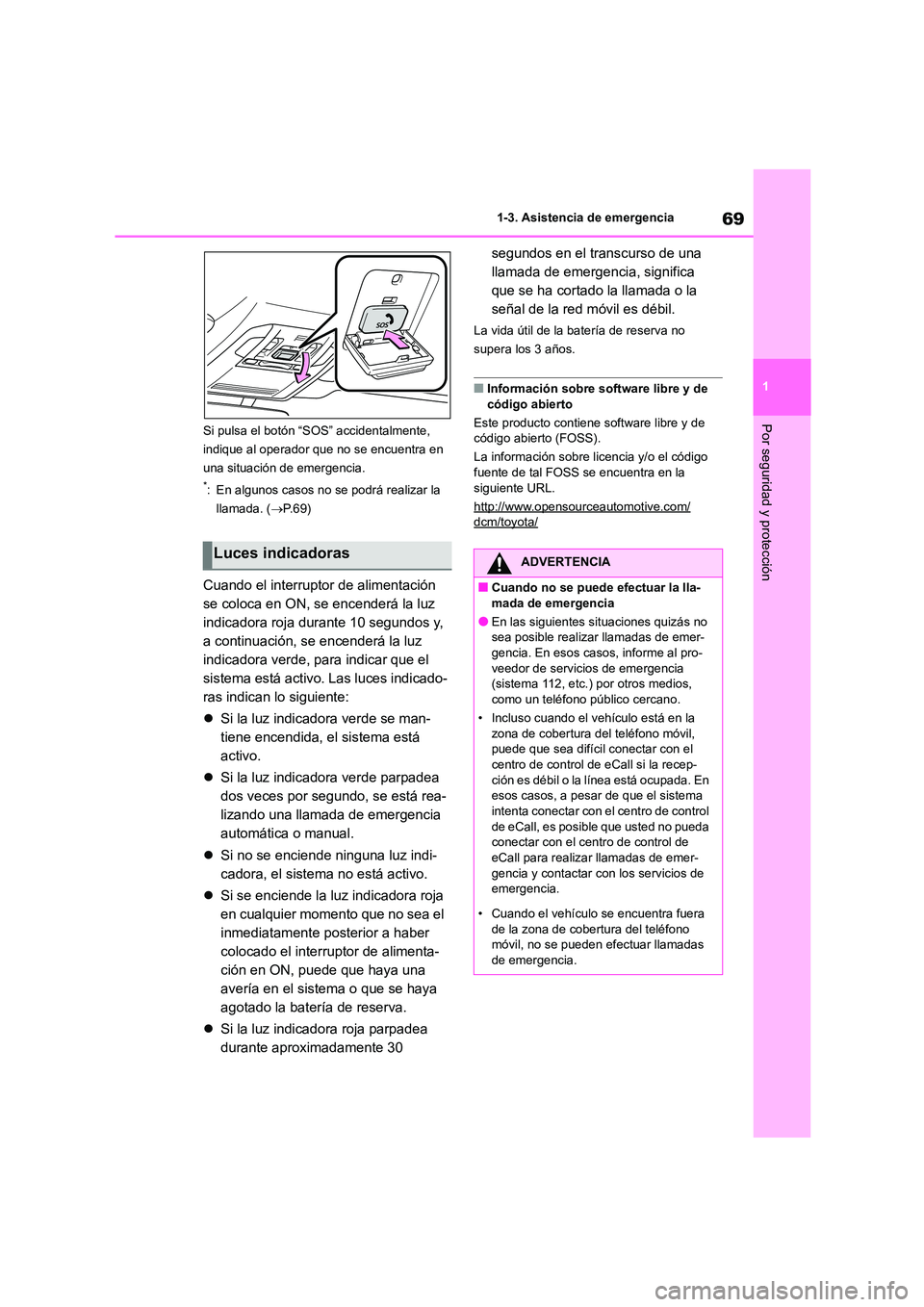 TOYOTA HIGHLANDER 2021 Manual del propietario (in Spanish) 69
1
1-3. Asistencia de emergencia
Por seguridad y protecciónSi pulsa el botón “S OS” accidentalmente,
indique al operador que no se encuentra en
una situación de emergencia.
*: En algunos TOYOTA HIGHLANDER 2021 Manual del propietario (in Spanish) 69
1
1-3. Asistencia de emergencia
Por seguridad y protecciónSi pulsa el botón “S OS” accidentalmente,
indique al operador que no se encuentra en
una situación de emergencia.
*: En algunos