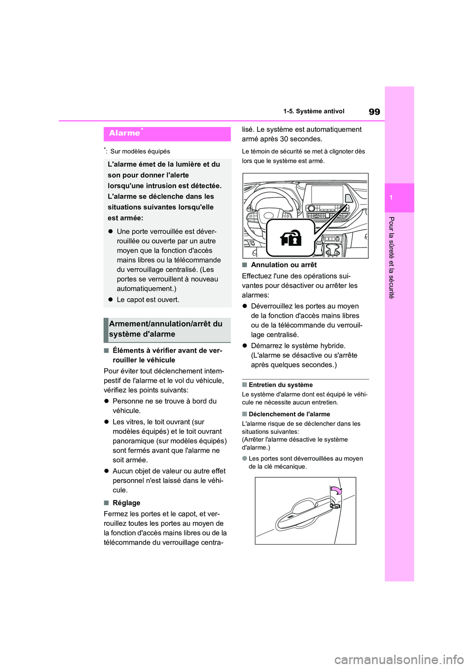 TOYOTA HIGHLANDER 2022 Manuel du propriétaire (in French) 99
1
1-5. Système antivol
Pour la sûreté et la sécurité
*: Sur modèles équipés
■Éléments à vérifier avant de ver-
rouiller le véhicule
Pour éviter tout déclenchement intem-
pestif TOYOTA HIGHLANDER 2022 Manuel du propriétaire (in French) 99
1
1-5. Système antivol
Pour la sûreté et la sécurité
*: Sur modèles équipés
■Éléments à vérifier avant de ver-
rouiller le véhicule
Pour éviter tout déclenchement intem-
pestif