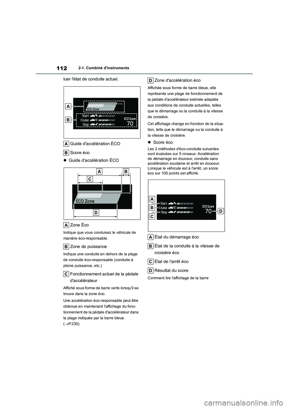 TOYOTA HIGHLANDER 2022 Manuel du propriétaire (in French) 1122-1. Combiné dinstruments
luer létat de conduite actuel.
Guide daccélération ÉCO
Score éco
Guide daccélération ÉCO
Zone Éco
Indique que vous conduisez le véhicule de
maniè TOYOTA HIGHLANDER 2022 Manuel du propriétaire (in French) 1122-1. Combiné dinstruments
luer létat de conduite actuel.
Guide daccélération ÉCO
Score éco
Guide daccélération ÉCO
Zone Éco
Indique que vous conduisez le véhicule de
maniè