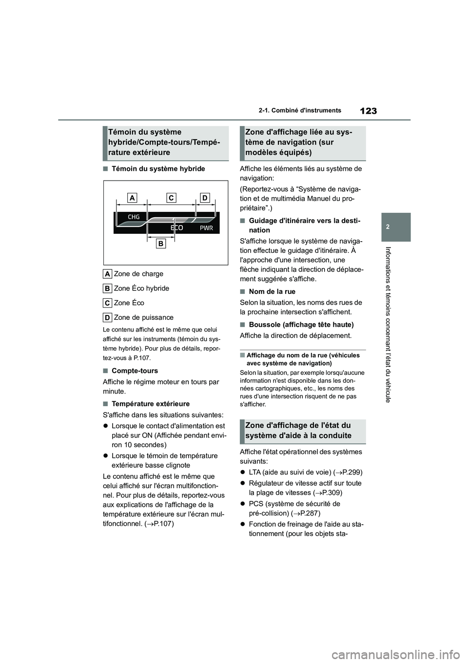 TOYOTA HIGHLANDER 2022 Manuel du propriétaire (in French) 123
2
2-1. Combiné dinstruments
Informations et témoins concernant l’état du véhicule
■Témoin du système hybride
Zone de charge
Zone Éco hybride
Zone Éco
Zone de puissance
Le contenu TOYOTA HIGHLANDER 2022 Manuel du propriétaire (in French) 123
2
2-1. Combiné dinstruments
Informations et témoins concernant l’état du véhicule
■Témoin du système hybride
Zone de charge
Zone Éco hybride
Zone Éco
Zone de puissance
Le contenu