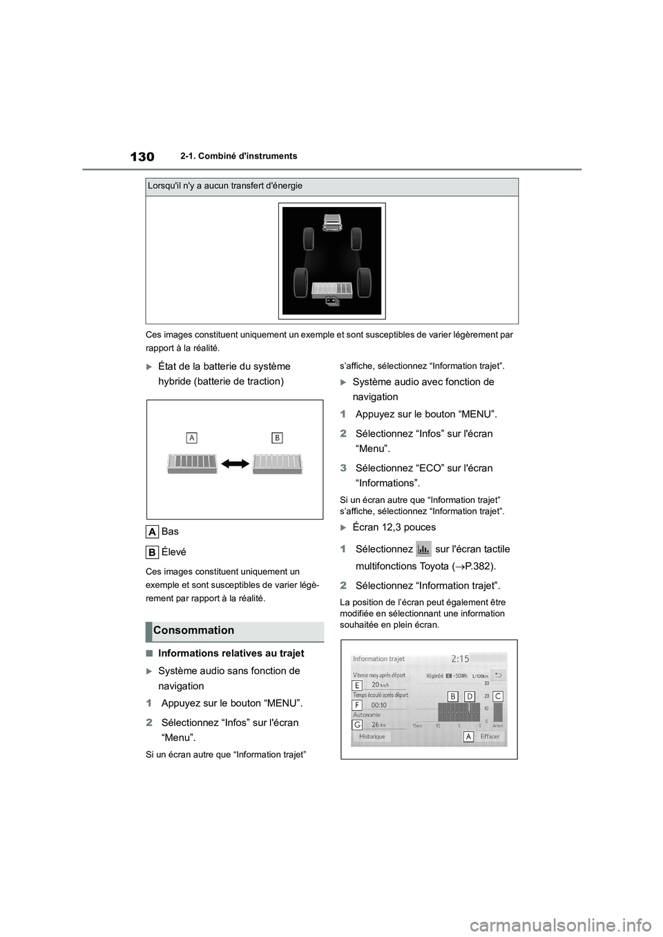 TOYOTA HIGHLANDER 2022 Manuel du propriétaire (in French) 1302-1. Combiné dinstruments
Ces images constituent uniquement un exemple et sont susceptibles de varier légèrement par
rapport à la réalité.
État de la batt erie du système
hybride TOYOTA HIGHLANDER 2022 Manuel du propriétaire (in French) 1302-1. Combiné dinstruments
Ces images constituent uniquement un exemple et sont susceptibles de varier légèrement par
rapport à la réalité.
État de la batt erie du système
hybride